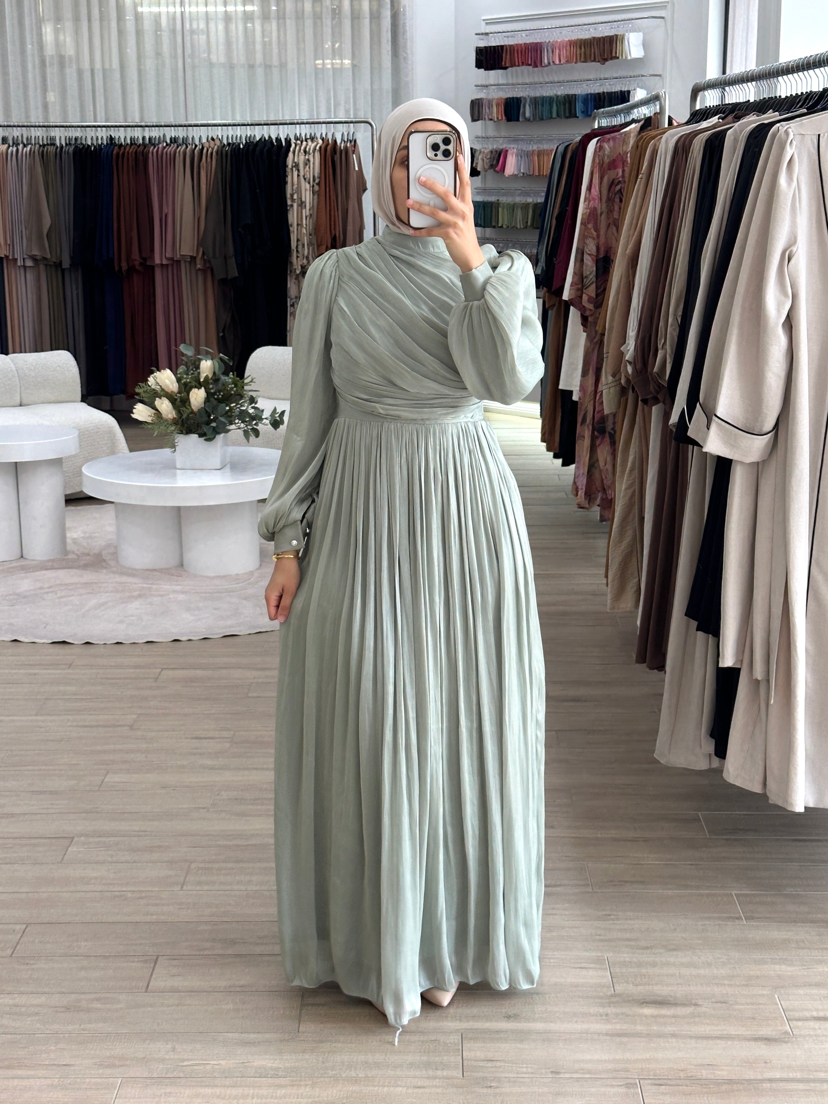 METALLIC RUCHE DRESS- MINT