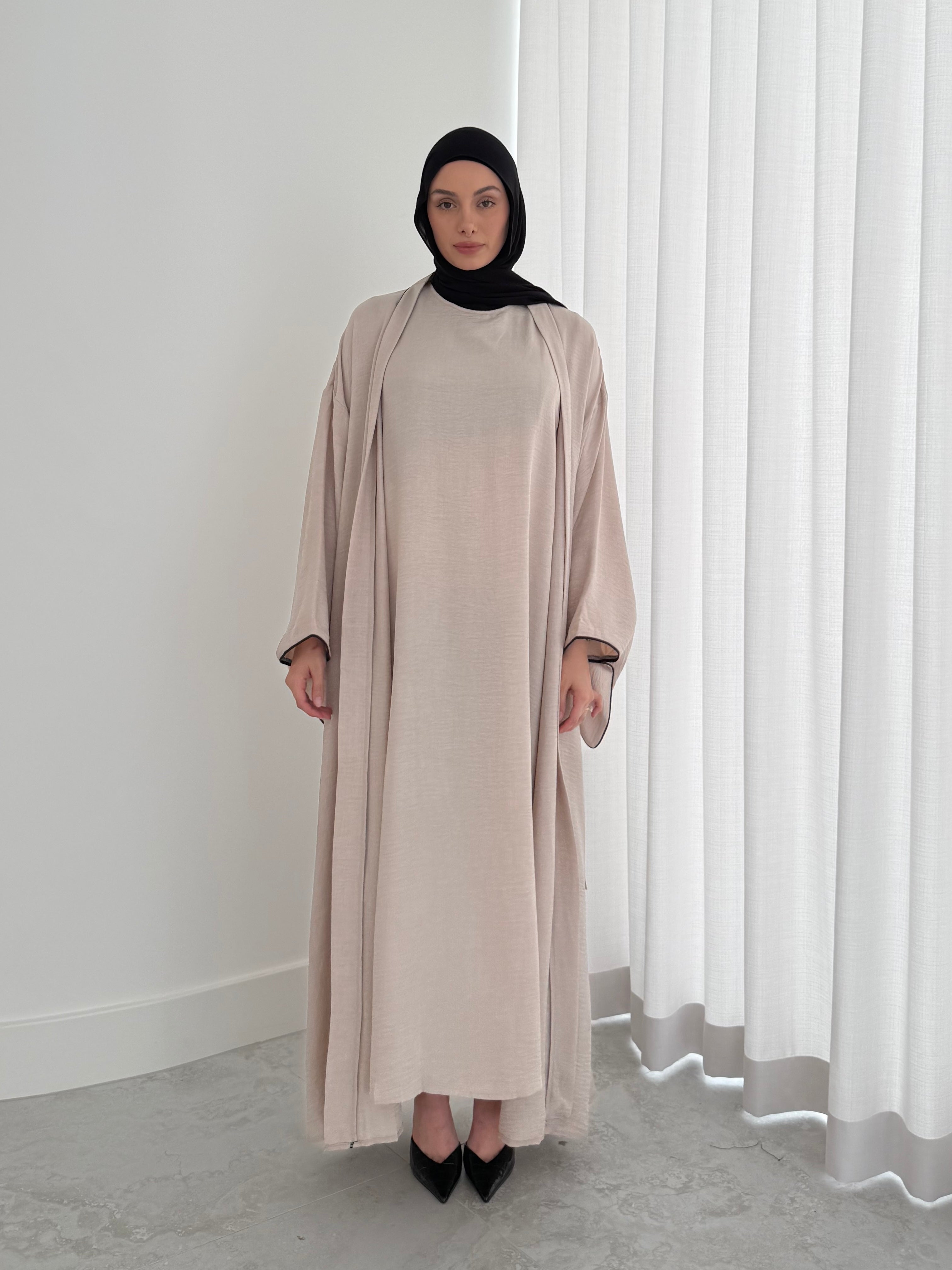 women's 2 piece abaya set, lightweight for spring/summer. full length, maxi with long sleeves with full coverage and suitable for modest hijab girls.