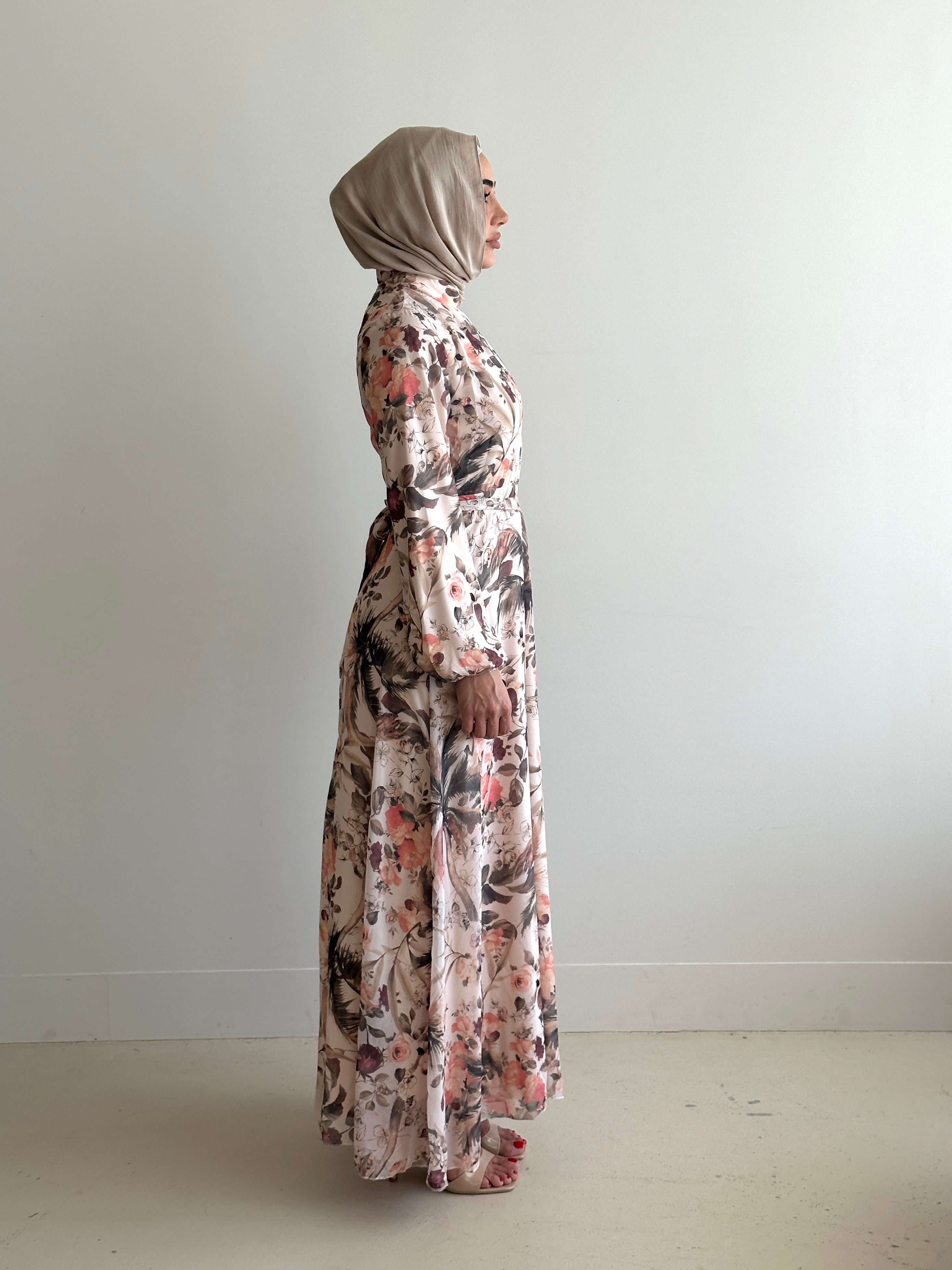 women's floral maxi dress for spring summer. It's full length with long sleeves and is a-line in chiffon fabrication. modest with full coverage.