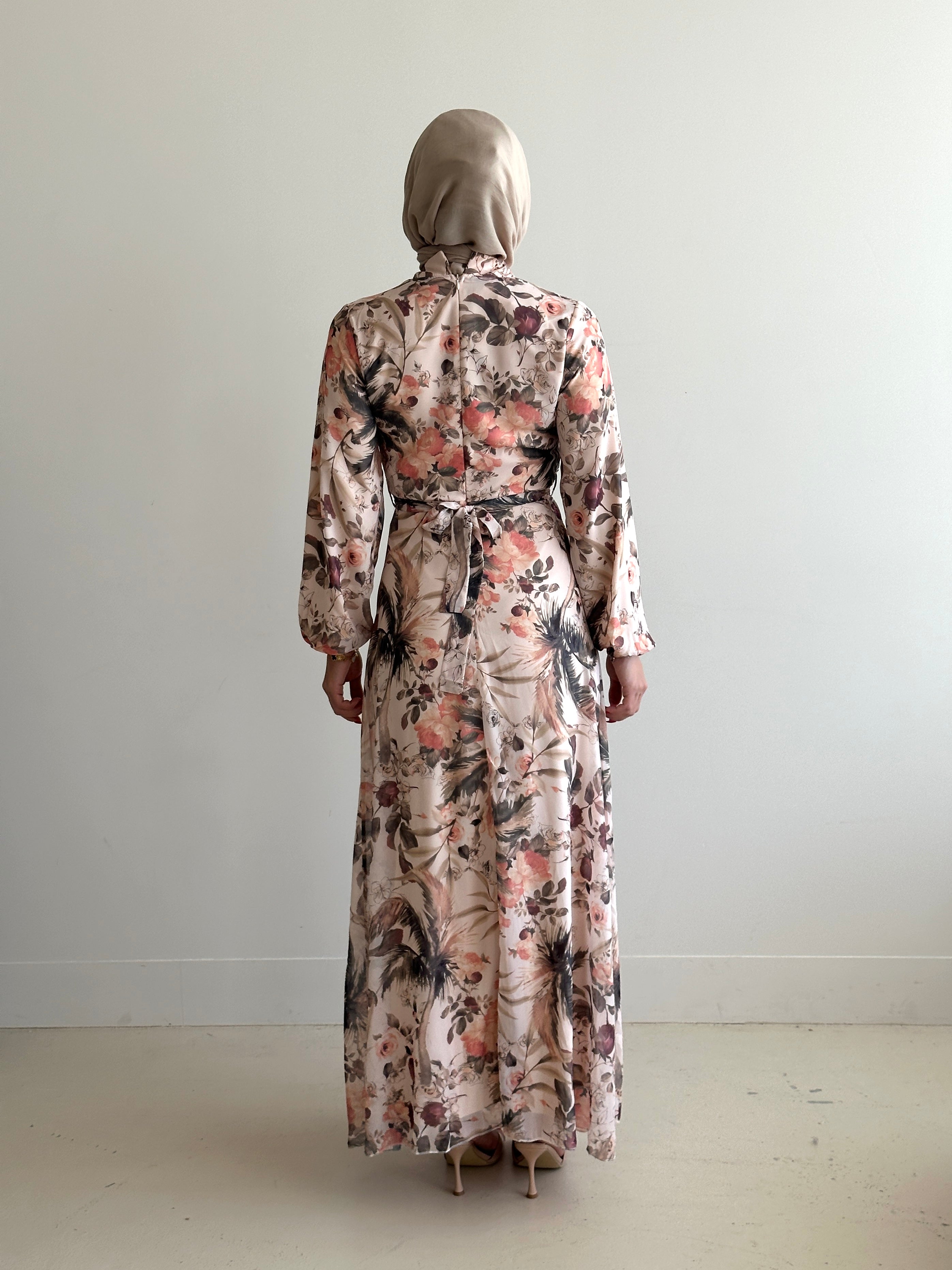 women's floral maxi dress for spring summer. It's full length with long sleeves and is a-line in chiffon fabrication. modest with full coverage.