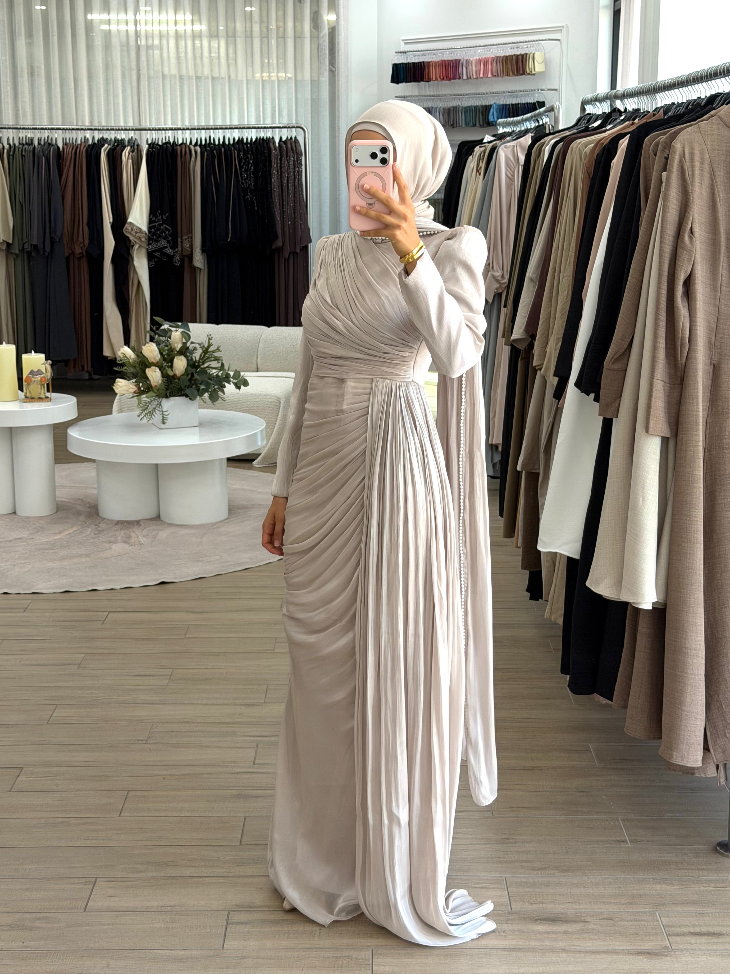 SERAPHINA PEARL GOWN & SCARF- STONE