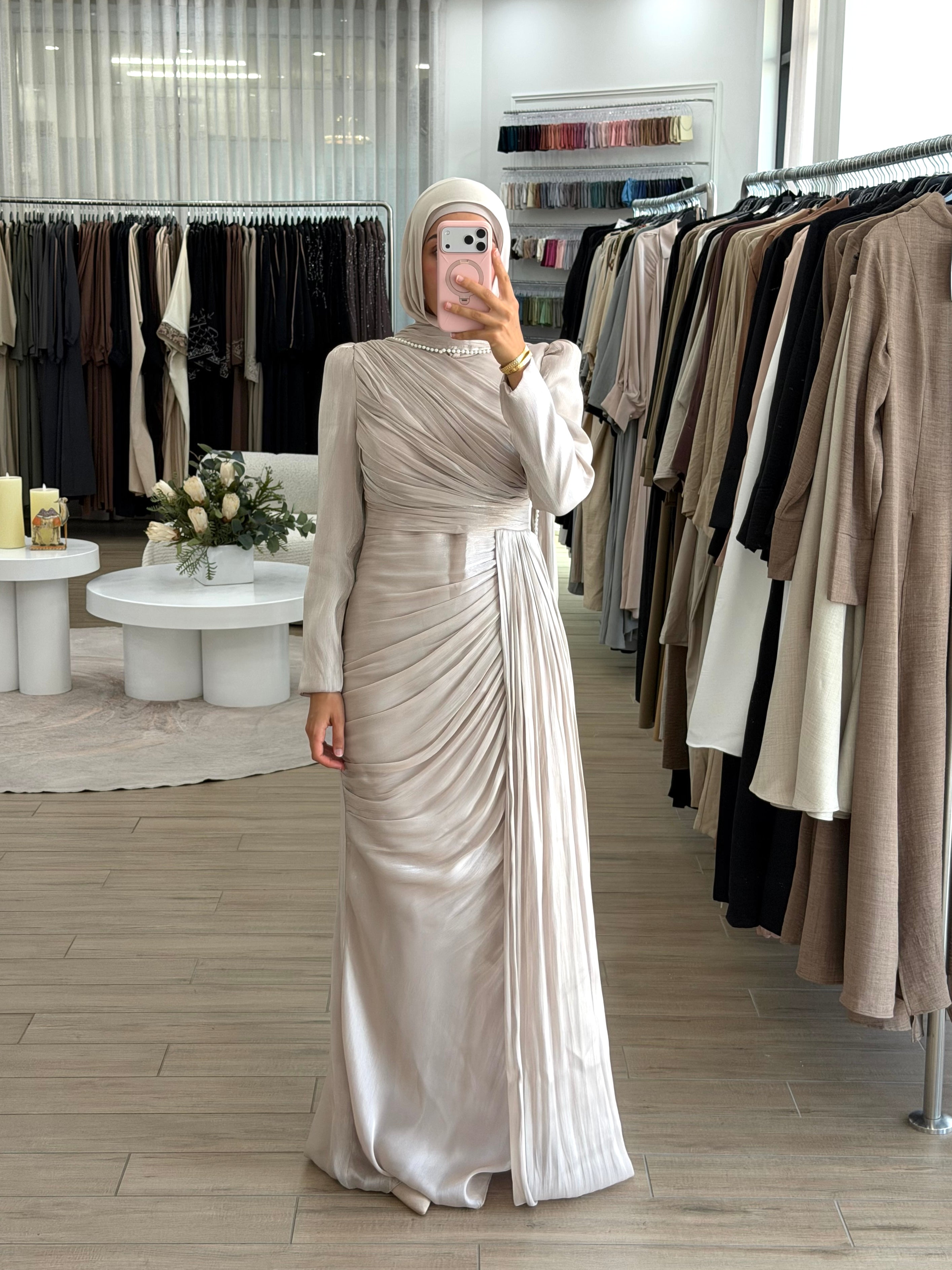 SERAPHINA PEARL GOWN & SCARF- STONE