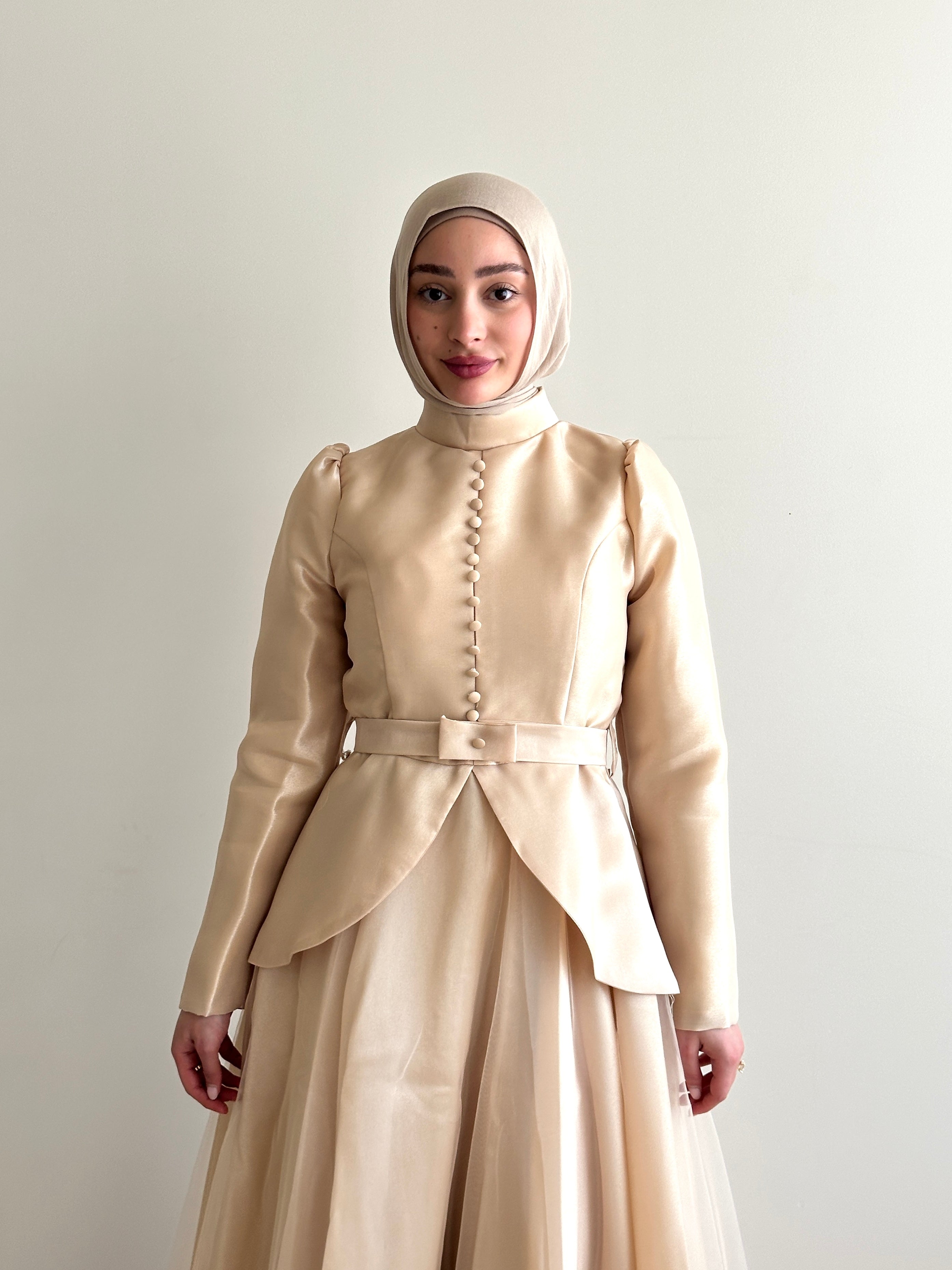 women's formal dress- full length, maxi, princess cut with full coverage and modest for hijabi fashion. Dress is feminine, suitable for events, engagement, fatiha, kk, nikkah wedding guest dress, formal or prom, etc. with tulle fabrication.