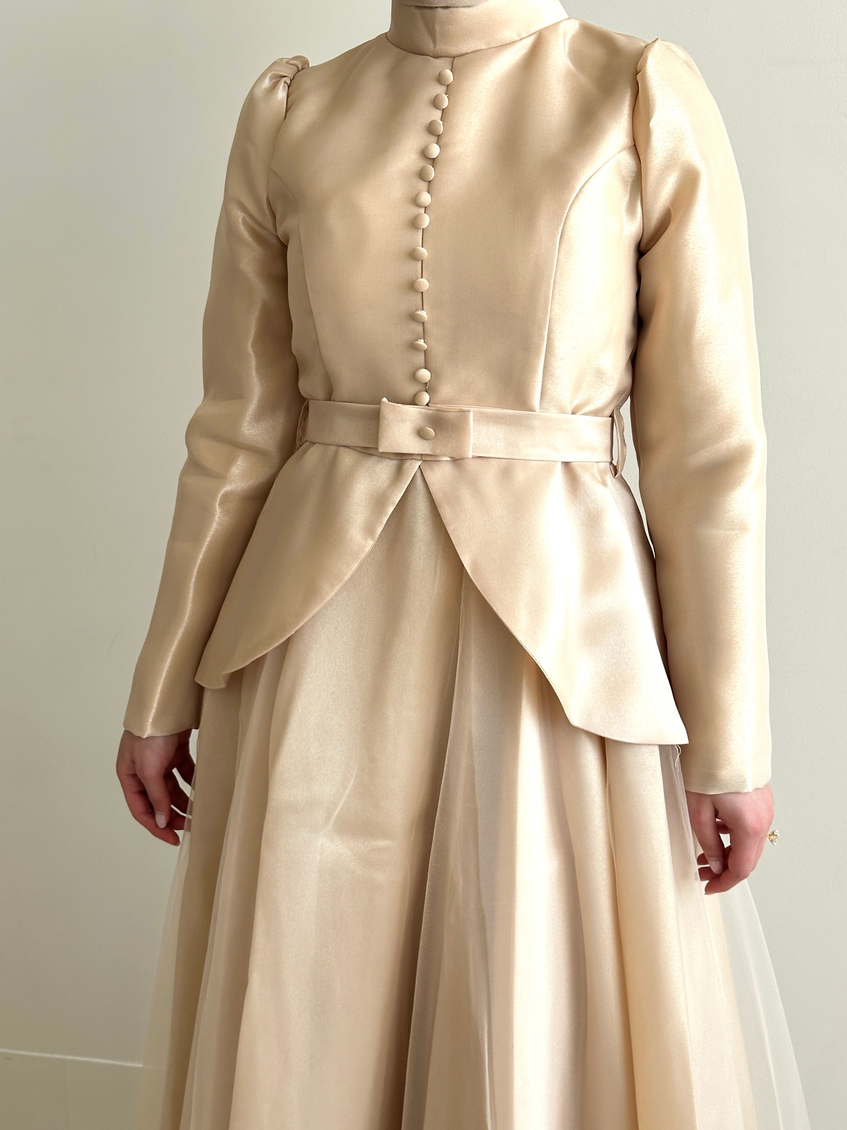 women's formal dress- full length, maxi, princess cut with full coverage and modest for hijabi fashion. Dress is feminine, suitable for events, engagement, fatiha, kk, nikkah wedding guest dress, formal or prom, etc. with tulle fabrication.