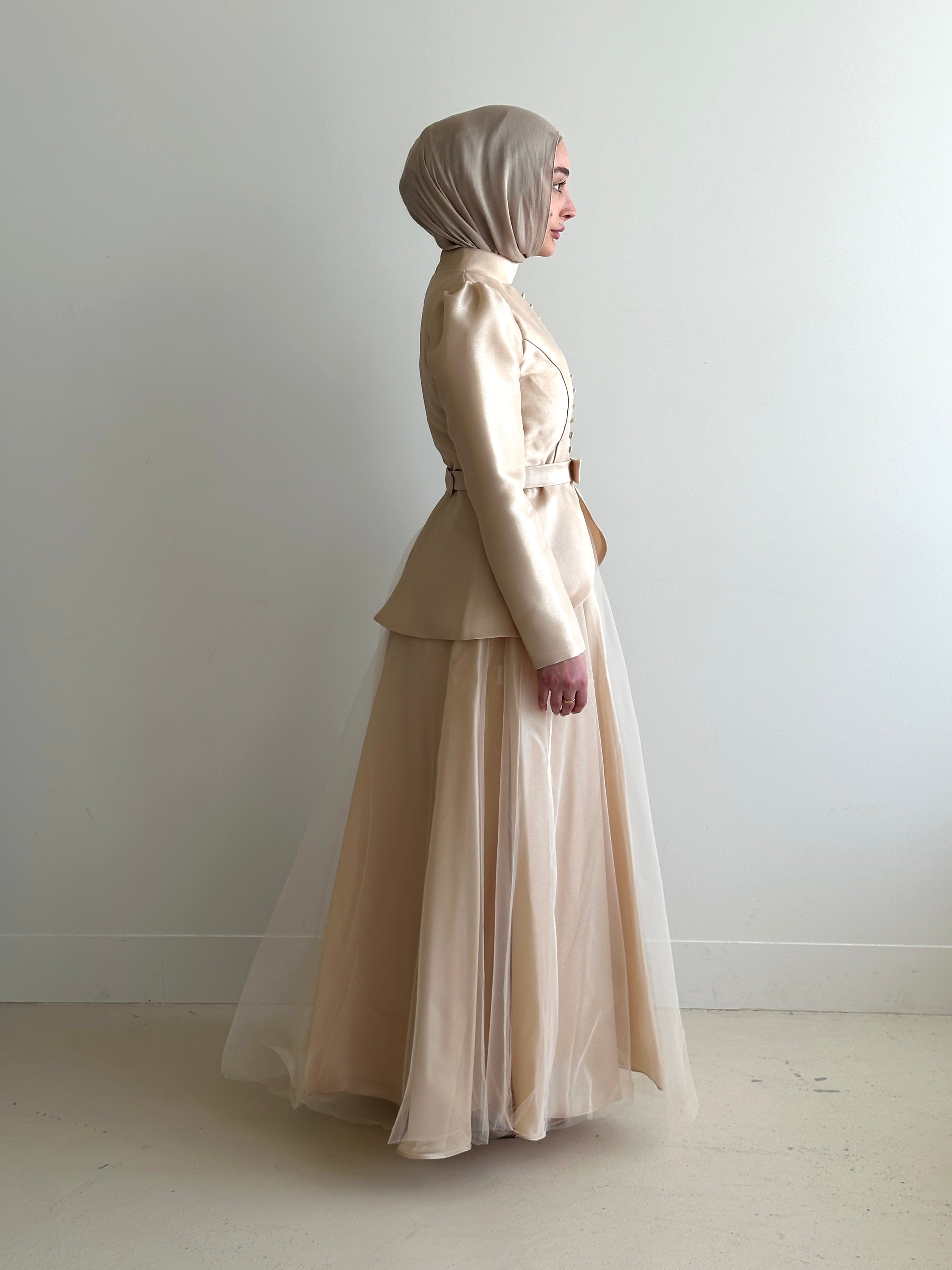 women's formal dress- full length, maxi, princess cut with full coverage and modest for hijabi fashion. Dress is feminine, suitable for events, engagement, fatiha, kk, nikkah wedding guest dress, formal or prom, etc. with tulle fabrication.