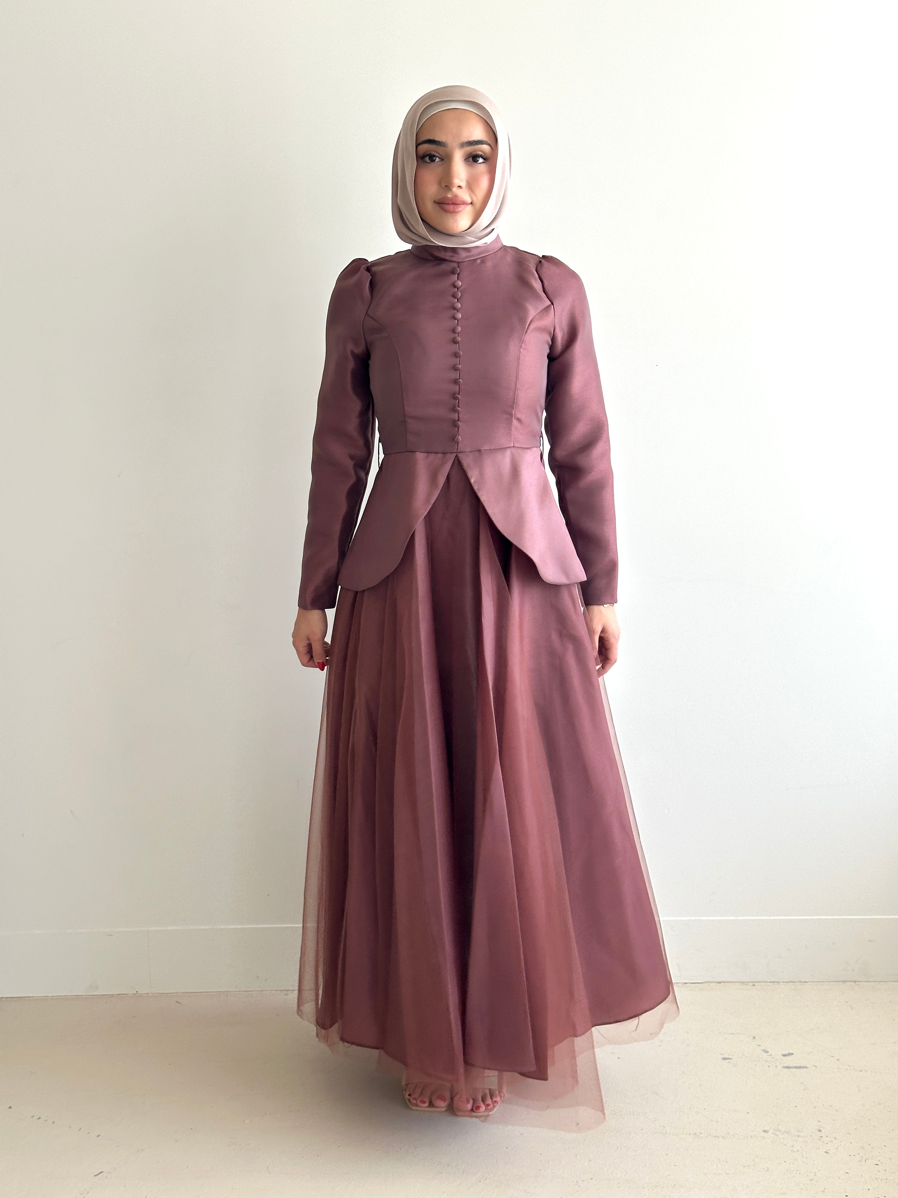 women's formal dress- full length, maxi, princess cut with full coverage and modest for hijabi fashion. Dress is feminine, suitable for events, engagement, fatiha, kk, nikkah wedding guest dress, formal or prom, etc. with tulle fabrication.