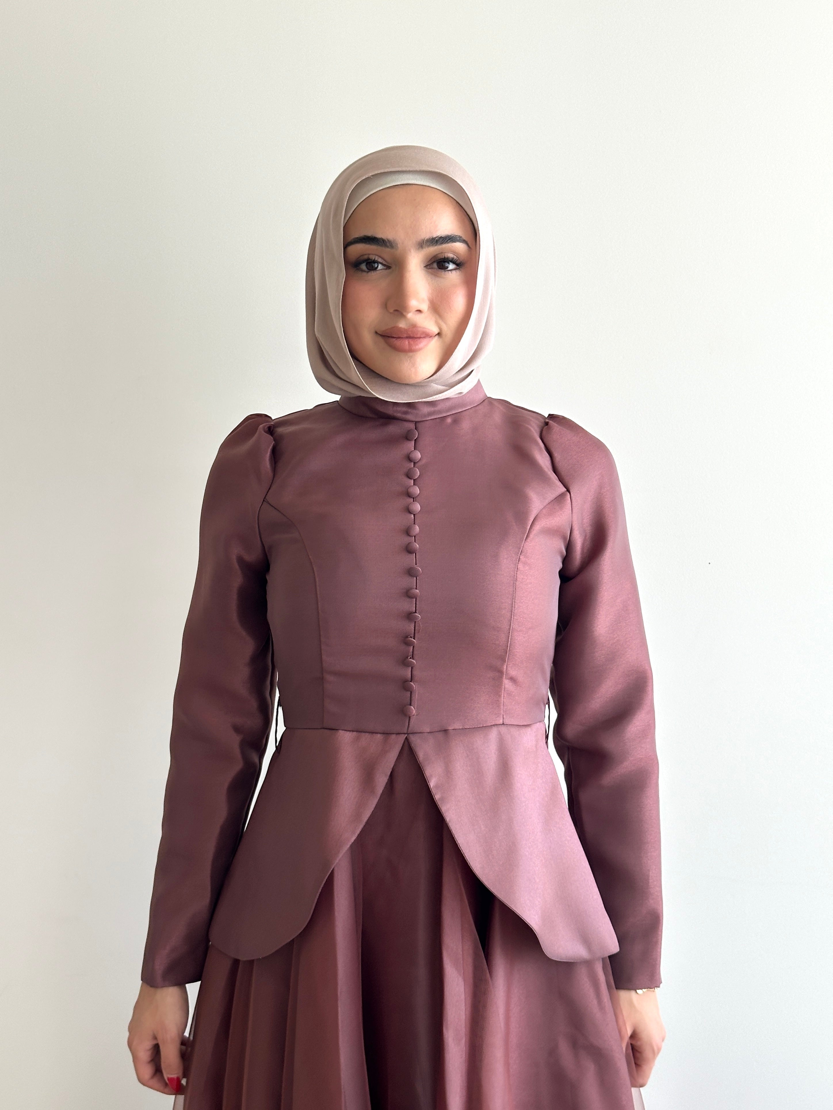 women's formal dress- full length, maxi, princess cut with full coverage and modest for hijabi fashion. Dress is feminine, suitable for events, engagement, fatiha, kk, nikkah wedding guest dress, formal or prom, etc. with tulle fabrication.