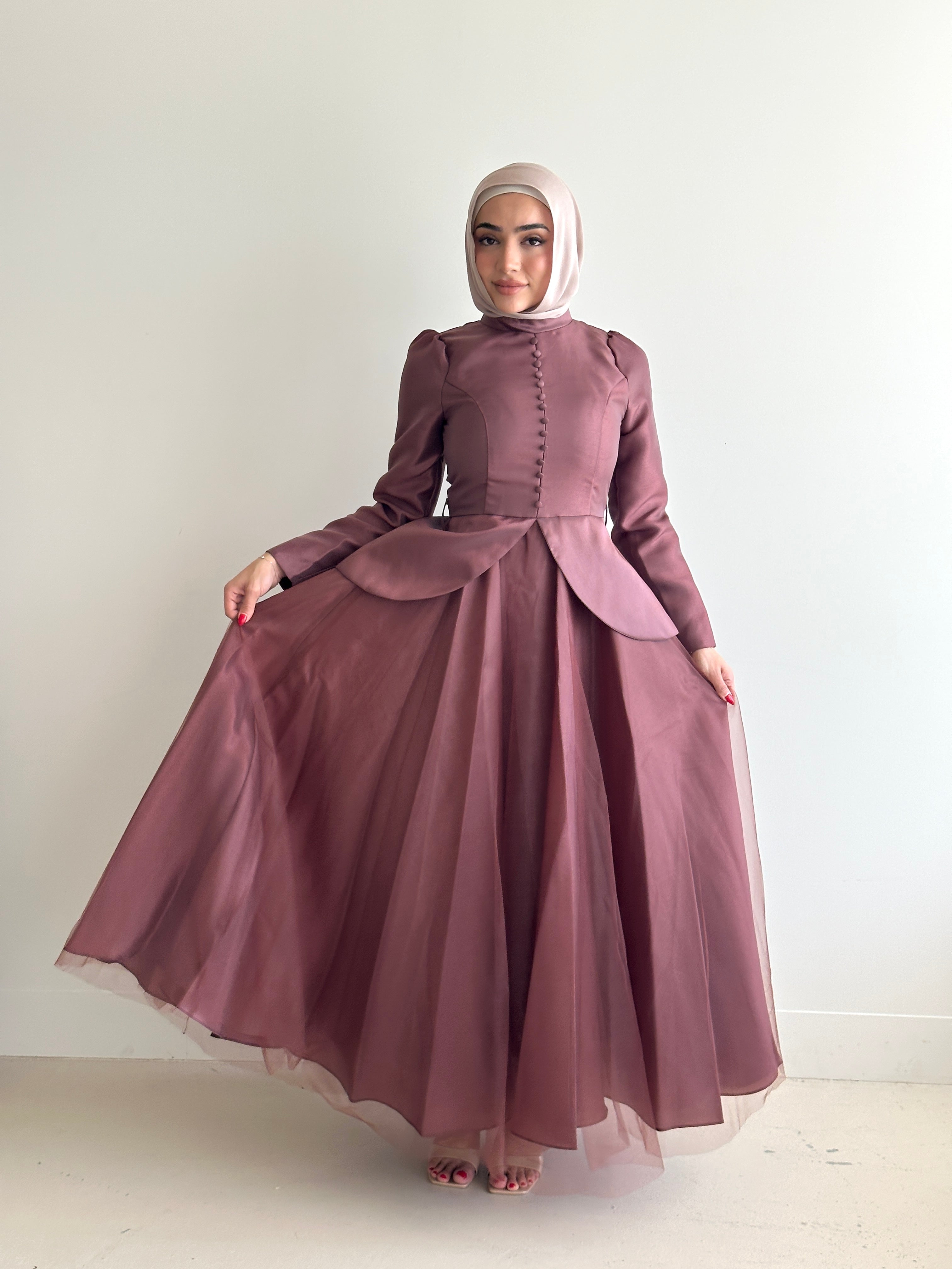 women's formal dress- full length, maxi, princess cut with full coverage and modest for hijabi fashion. Dress is feminine, suitable for events, engagement, fatiha, kk, nikkah wedding guest dress, formal or prom, etc. with tulle fabrication.
