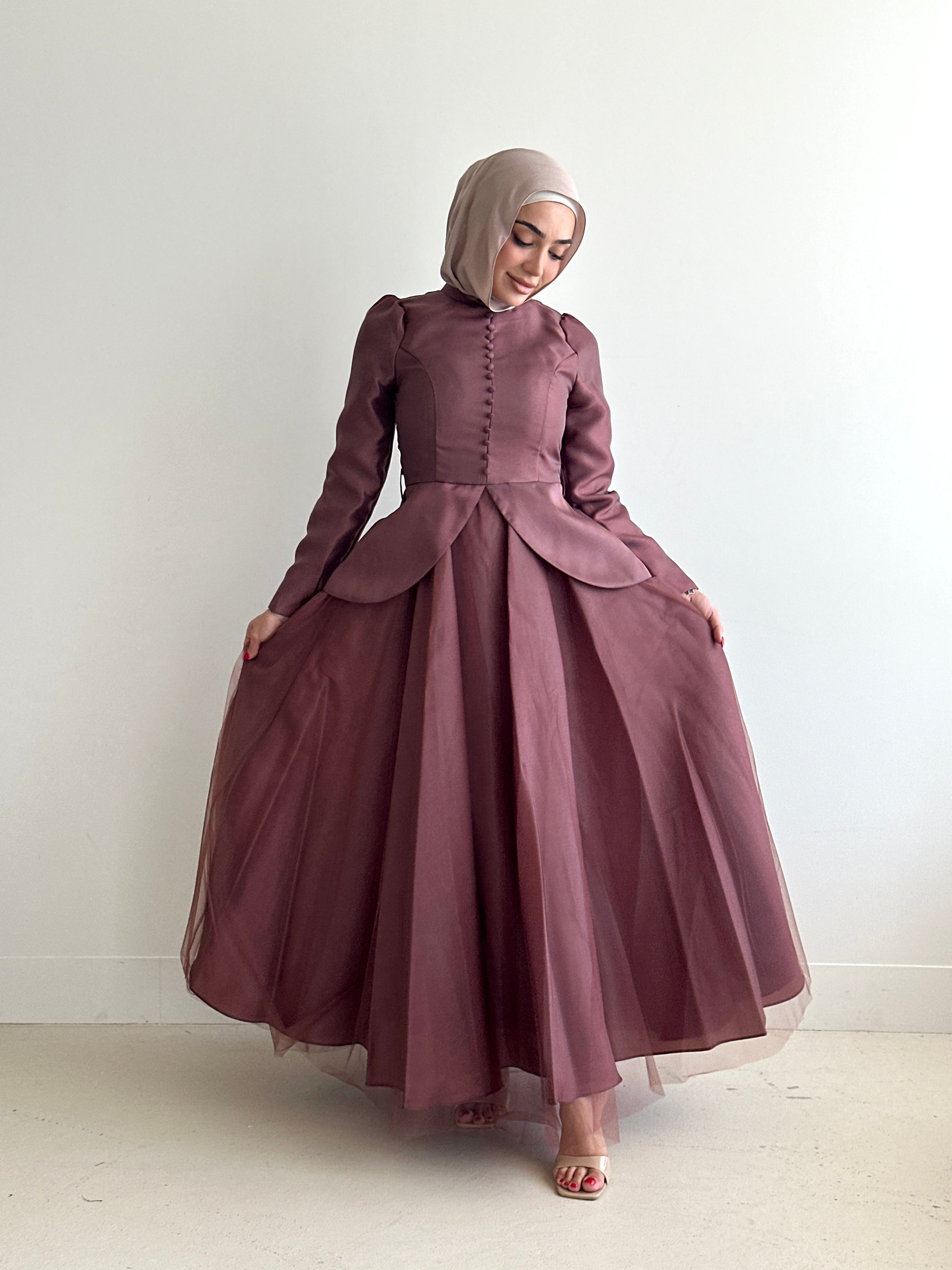 women's formal dress- full length, maxi, princess cut with full coverage and modest for hijabi fashion. Dress is feminine, suitable for events, engagement, fatiha, kk, nikkah wedding guest dress, formal or prom, etc. with tulle fabrication.