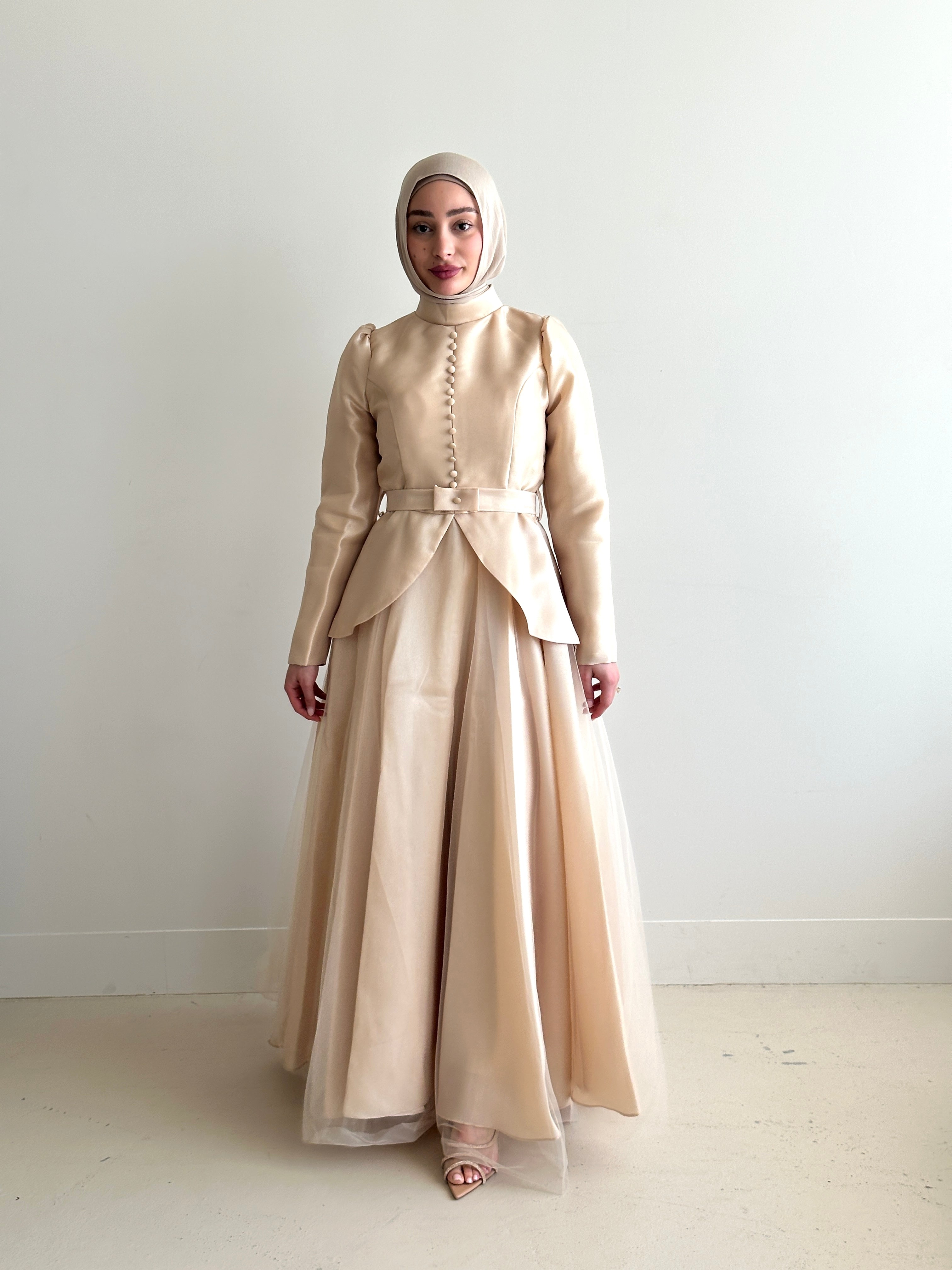 women's formal dress- full length, maxi, princess cut with full coverage and modest for hijabi fashion. Dress is feminine, suitable for events, engagement, fatiha, kk, nikkah wedding guest dress, formal or prom, etc. with tulle fabrication.