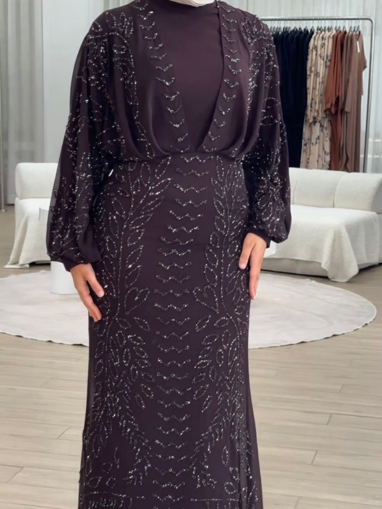 women's sequins formal dress- long sleeve, maxi, full length with glittery, sequins embellishment. suitable engagement dress, wedding guest, party, formal, etc.