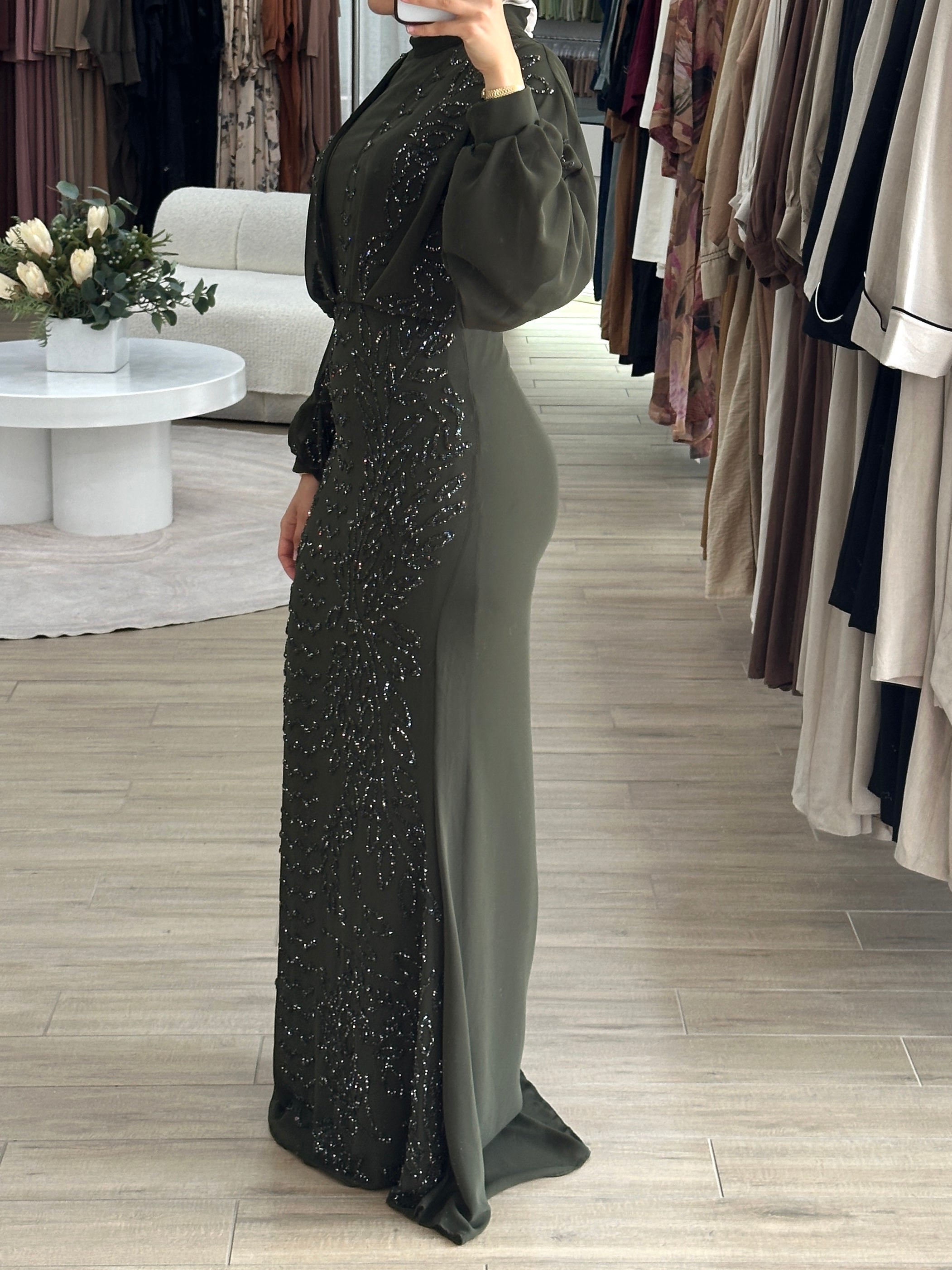 women's sequins formal dress- long sleeve, maxi, full length with glittery, sequins embellishment. suitable engagement dress, wedding guest, party, formal, etc.