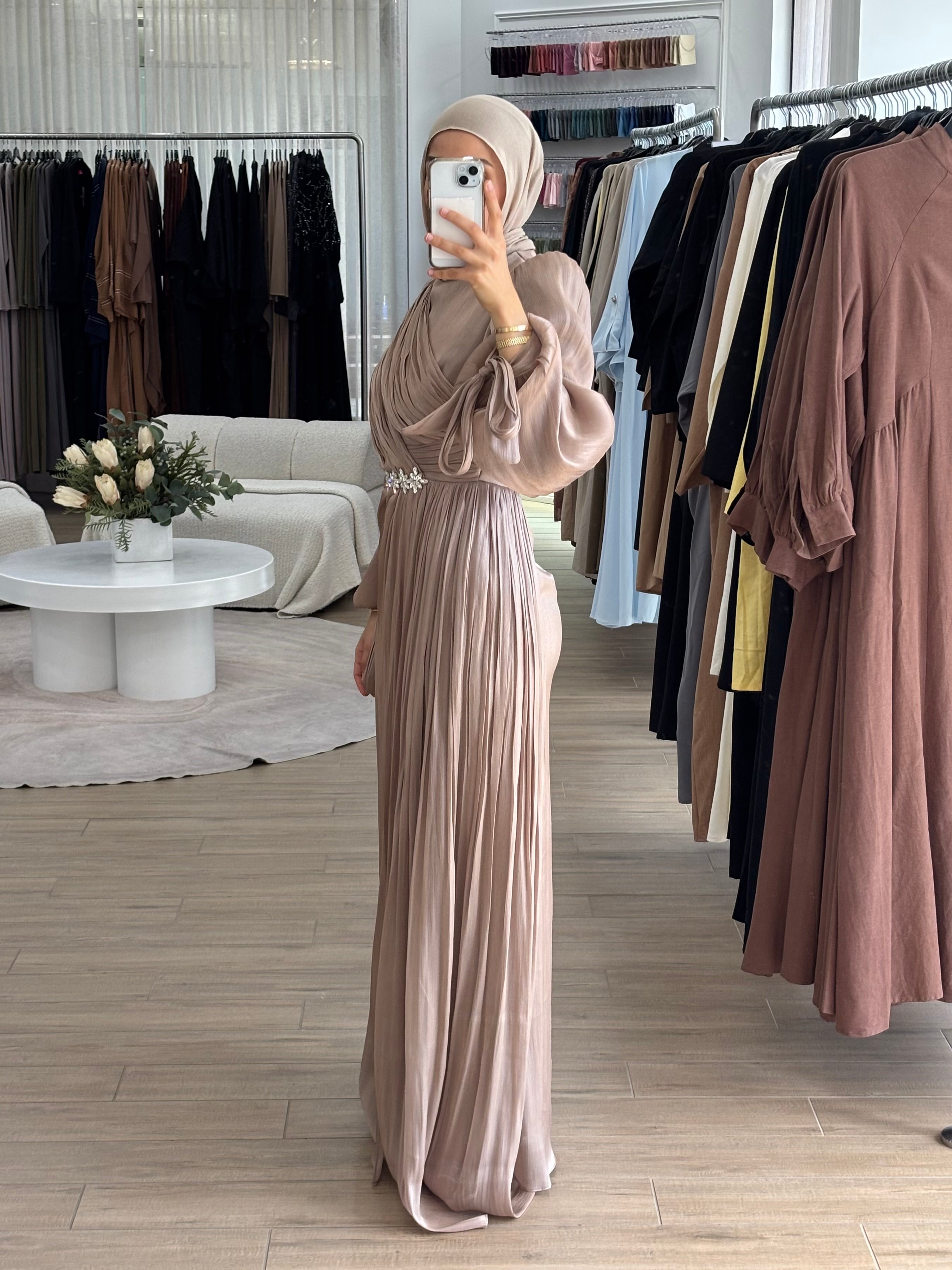 women's modest formal dress, hijabi friendly and is full coverage, full length, maxi and long sleeve with minimal embellishment, suitable for occasions, formals, engagements, nikkah, kk, pre-wedding events, weddings.