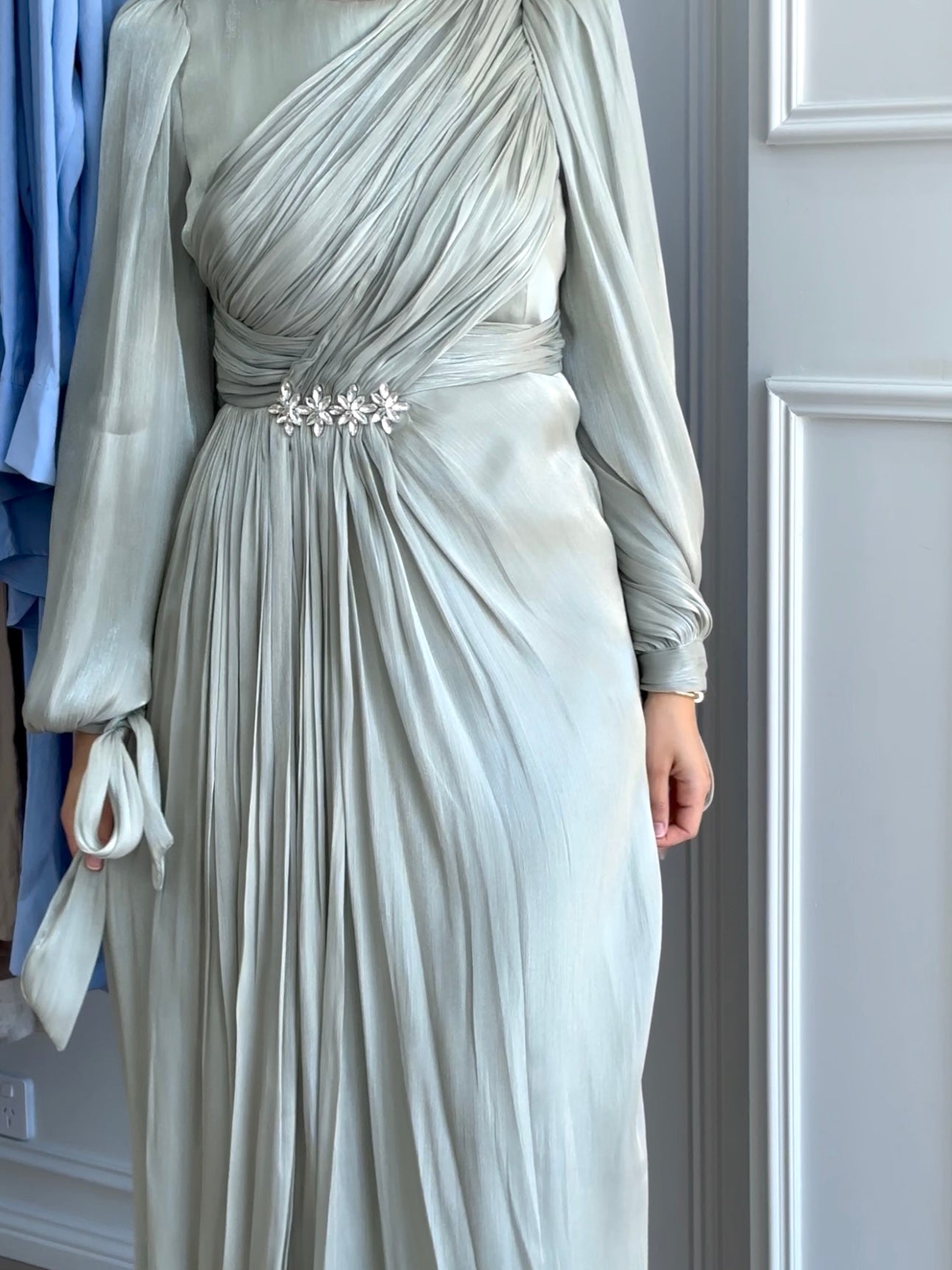 women's modest formal dress, hijabi friendly and is full coverage, full length, maxi and long sleeve with minimal embellishment, suitable for occasions, formals, engagements, nikkah, kk, pre-wedding events, weddings.