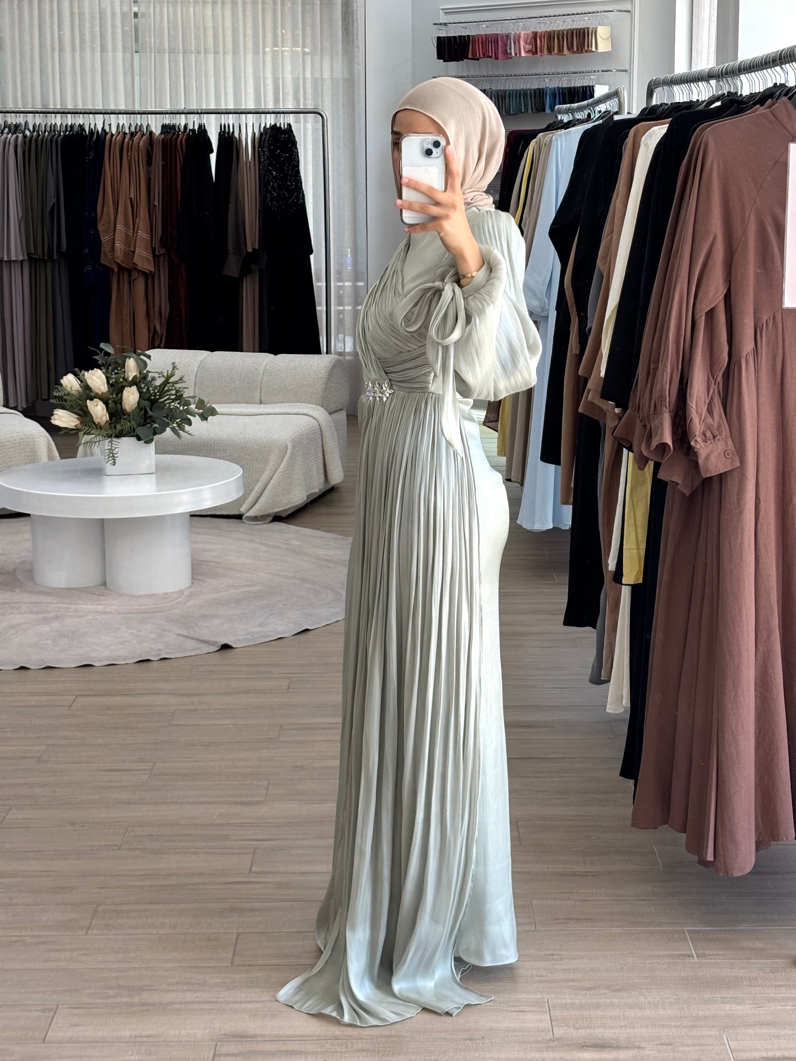 women's modest formal dress, hijabi friendly and is full coverage, full length, maxi and long sleeve with minimal embellishment, suitable for occasions, formals, engagements, nikkah, kk, pre-wedding events, weddings.