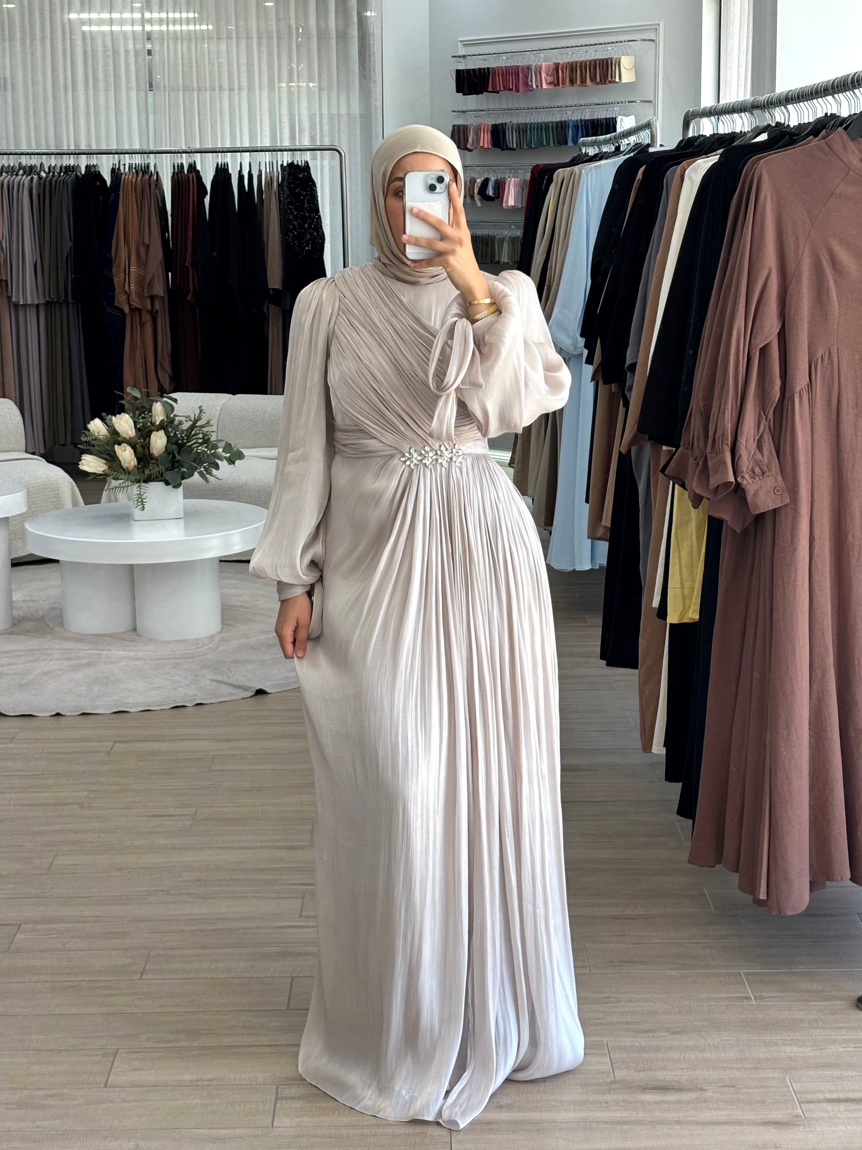women's modest formal dress, hijabi friendly and is full coverage, full length, maxi and long sleeve with minimal embellishment, suitable for occasions, formals, engagements, nikkah, kk, pre-wedding events, weddings.