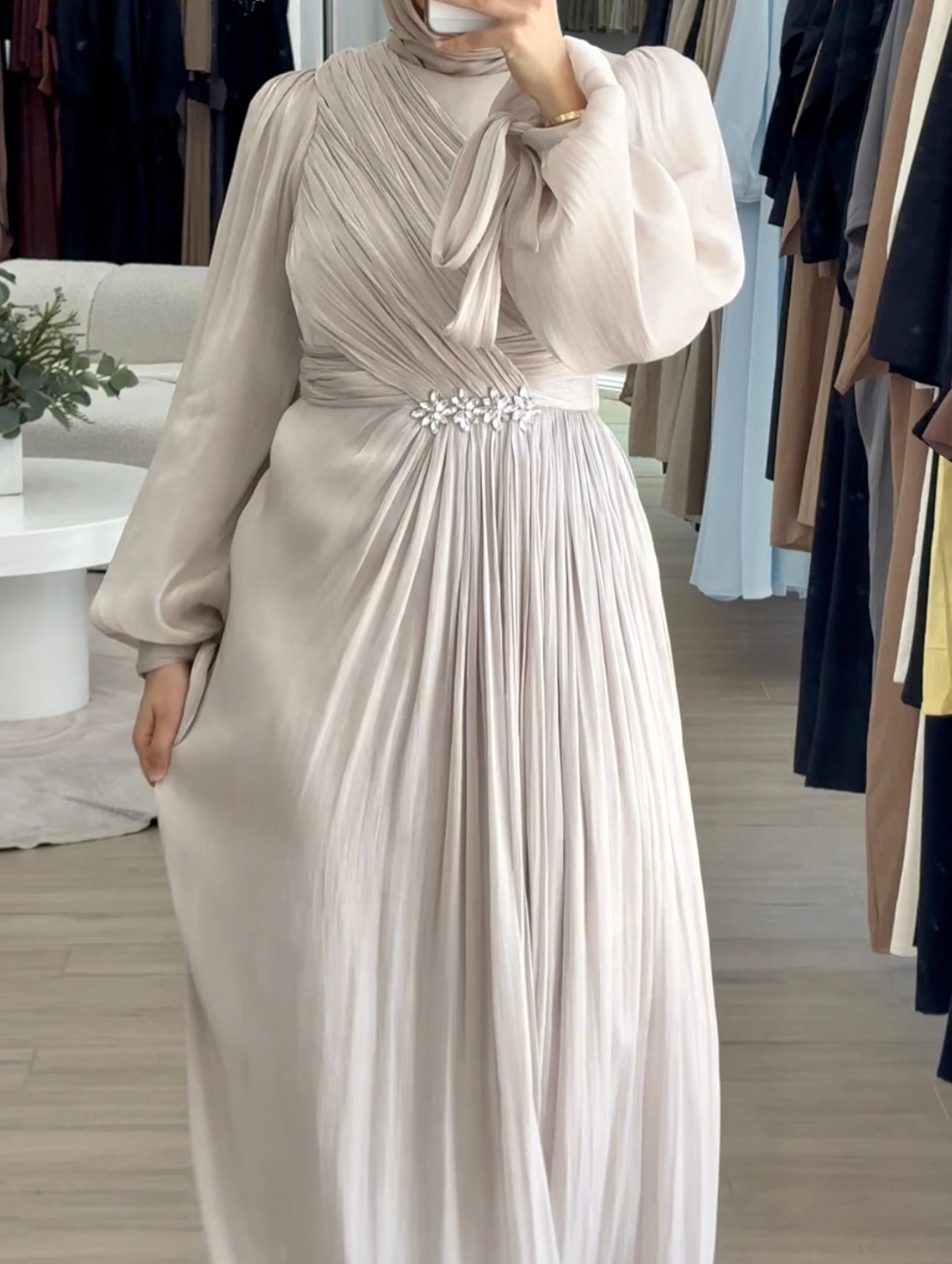 women's modest formal dress, hijabi friendly and is full coverage, full length, maxi and long sleeve with minimal embellishment, suitable for occasions, formals, engagements, nikkah, kk, pre-wedding events, weddings.