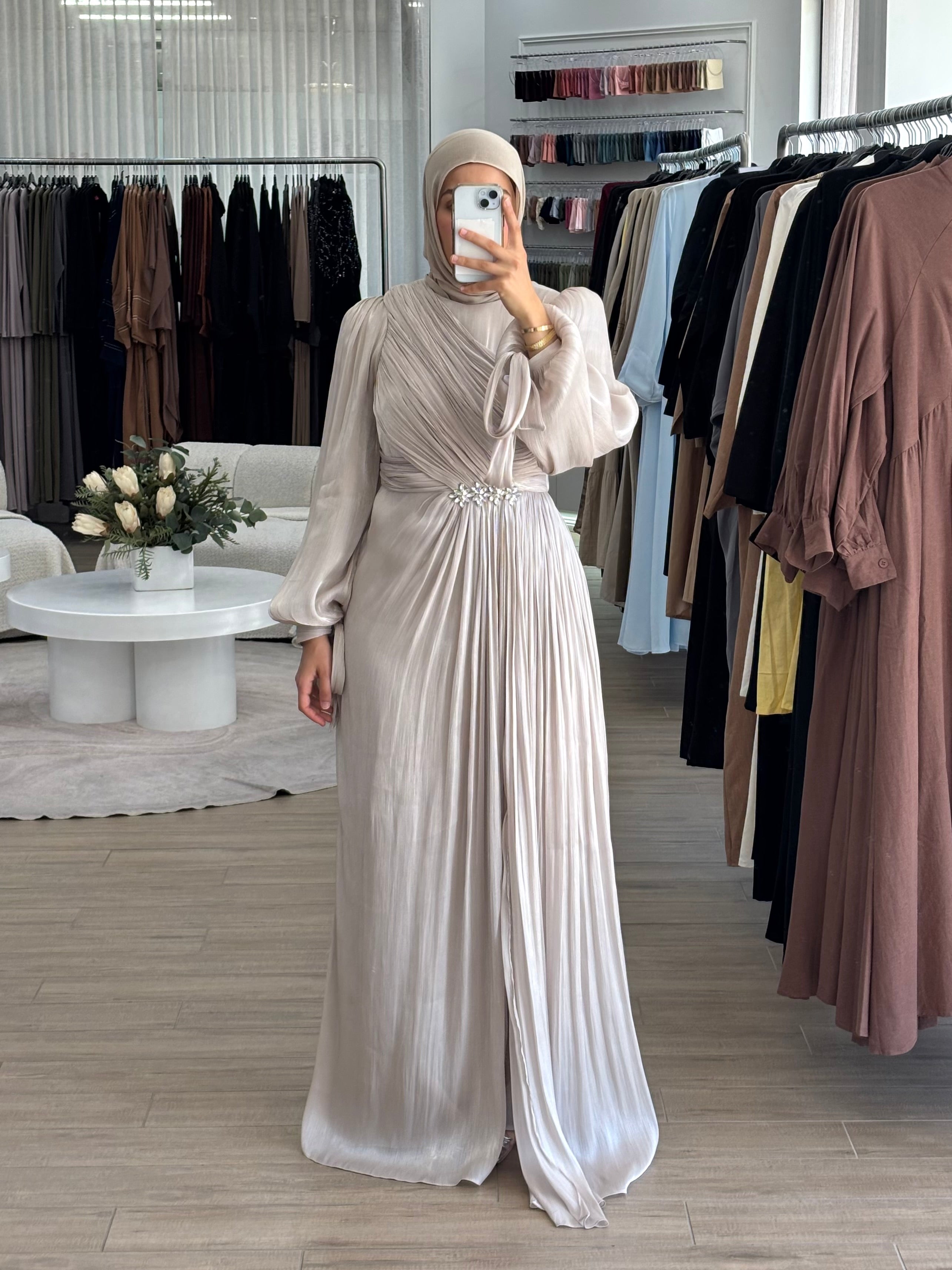 women's modest formal dress, hijabi friendly and is full coverage, full length, maxi and long sleeve with minimal embellishment, suitable for occasions, formals, engagements, nikkah, kk, pre-wedding events, weddings.