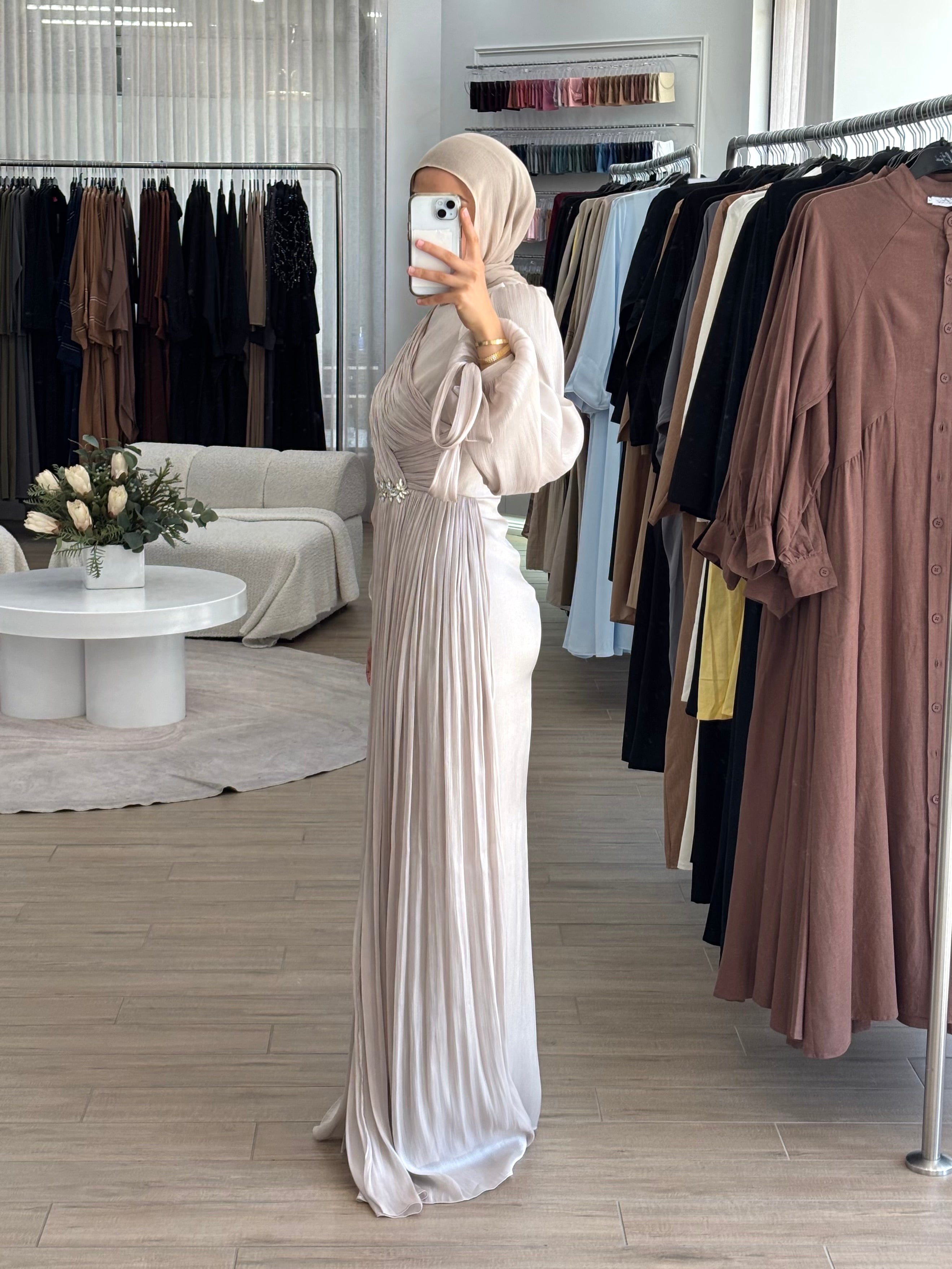 women's modest formal dress, hijabi friendly and is full coverage, full length, maxi and long sleeve with minimal embellishment, suitable for occasions, formals, engagements, nikkah, kk, pre-wedding events, weddings.