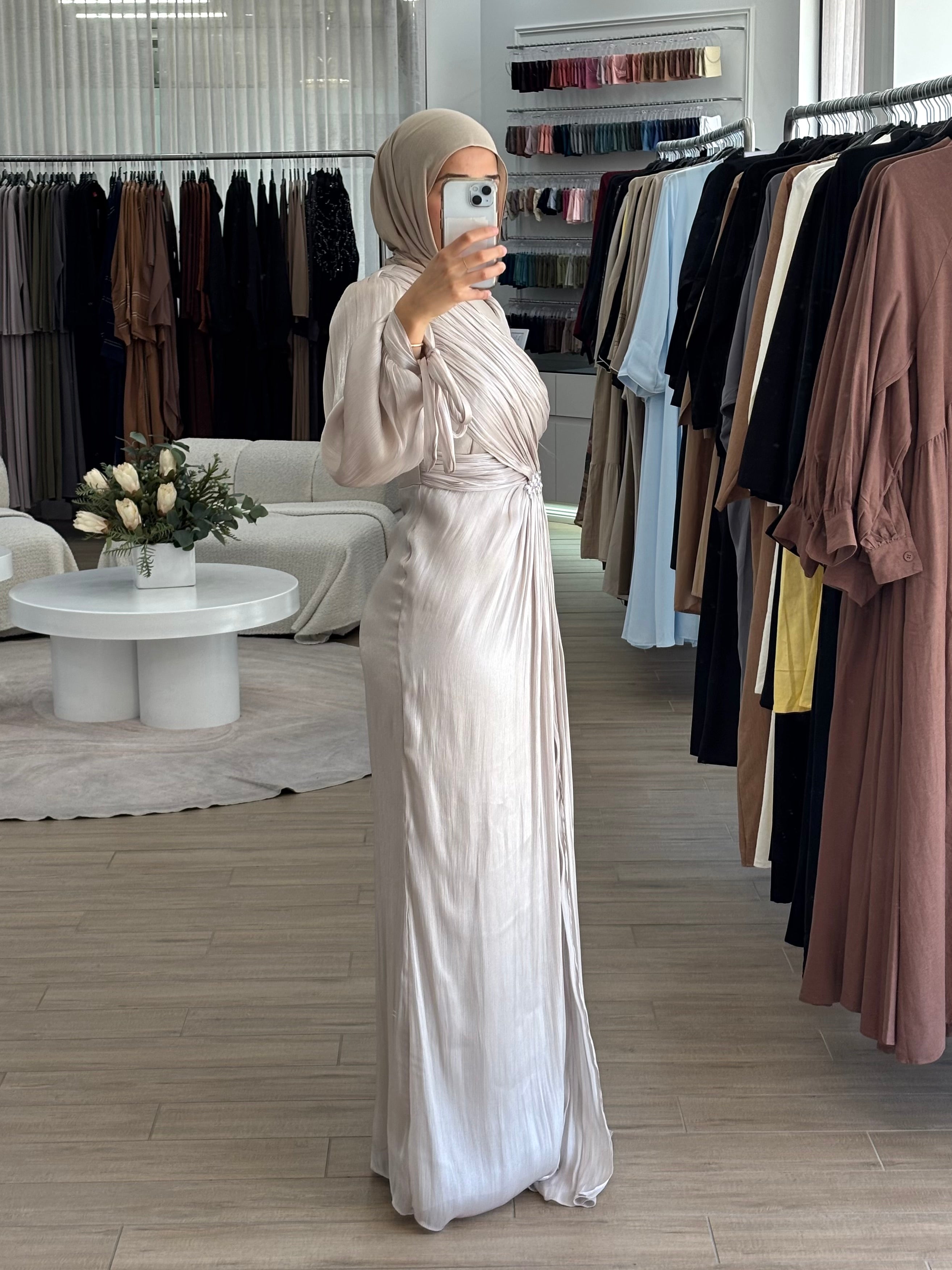 women's modest formal dress, hijabi friendly and is full coverage, full length, maxi and long sleeve with minimal embellishment, suitable for occasions, formals, engagements, nikkah, kk, pre-wedding events, weddings.