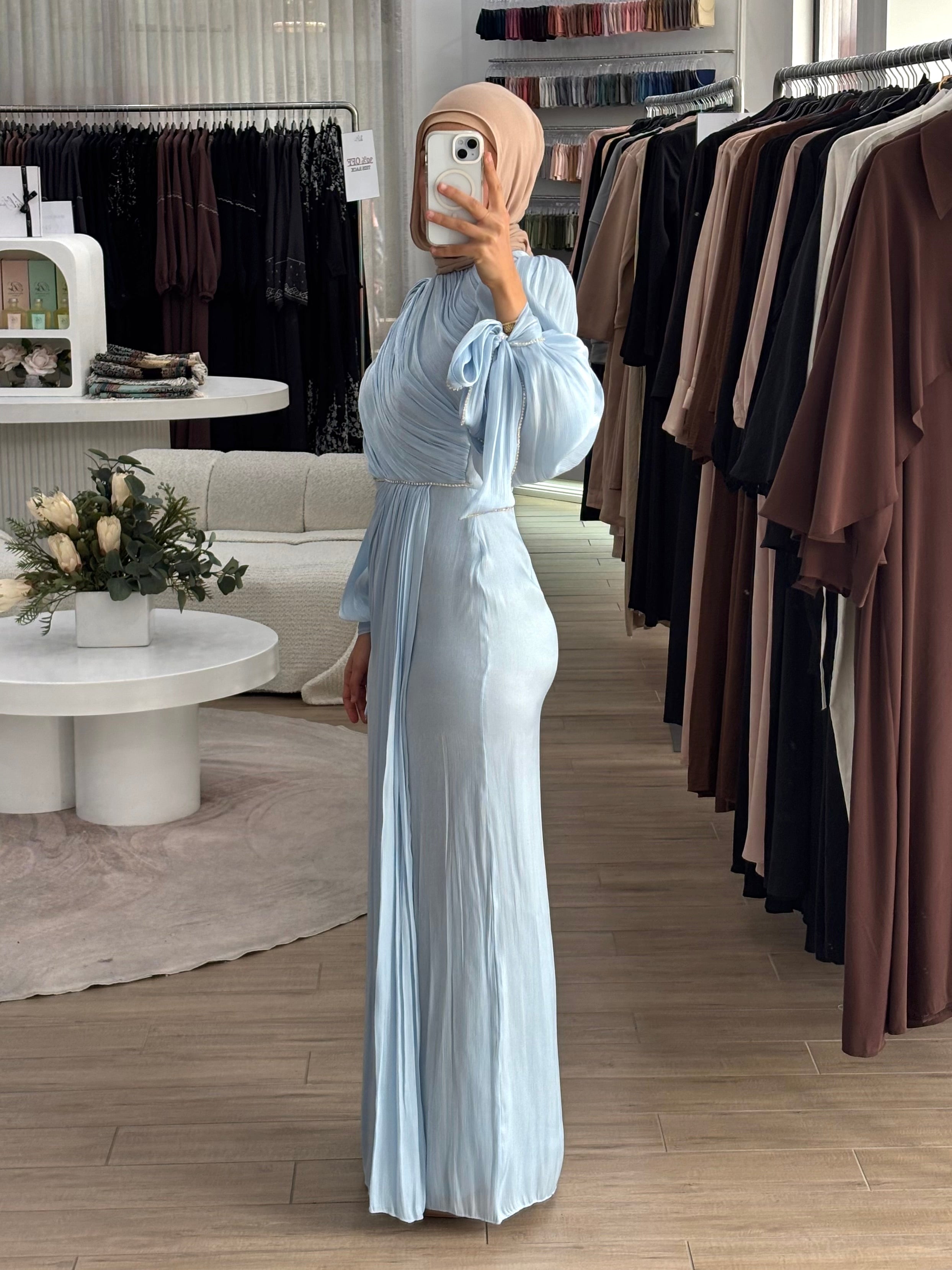 DIAMANTÉ RUCHED FORMAL DRESS- BABY BLUE