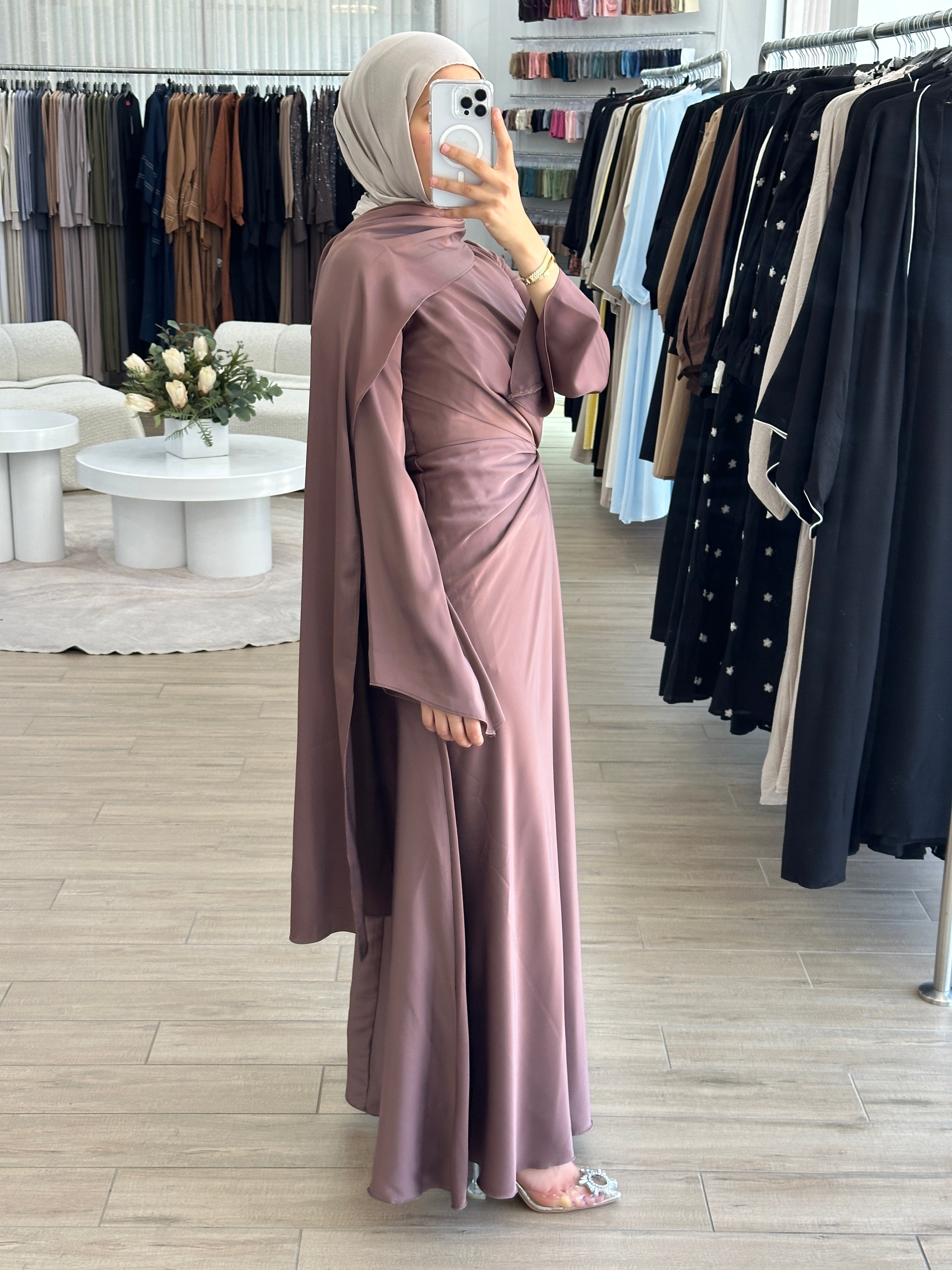 women's formal dress in satin with long sleeves and full length, maxi for modest fashion and hijabis. suitable for formals, engagement, weddings, parties and any occasion.