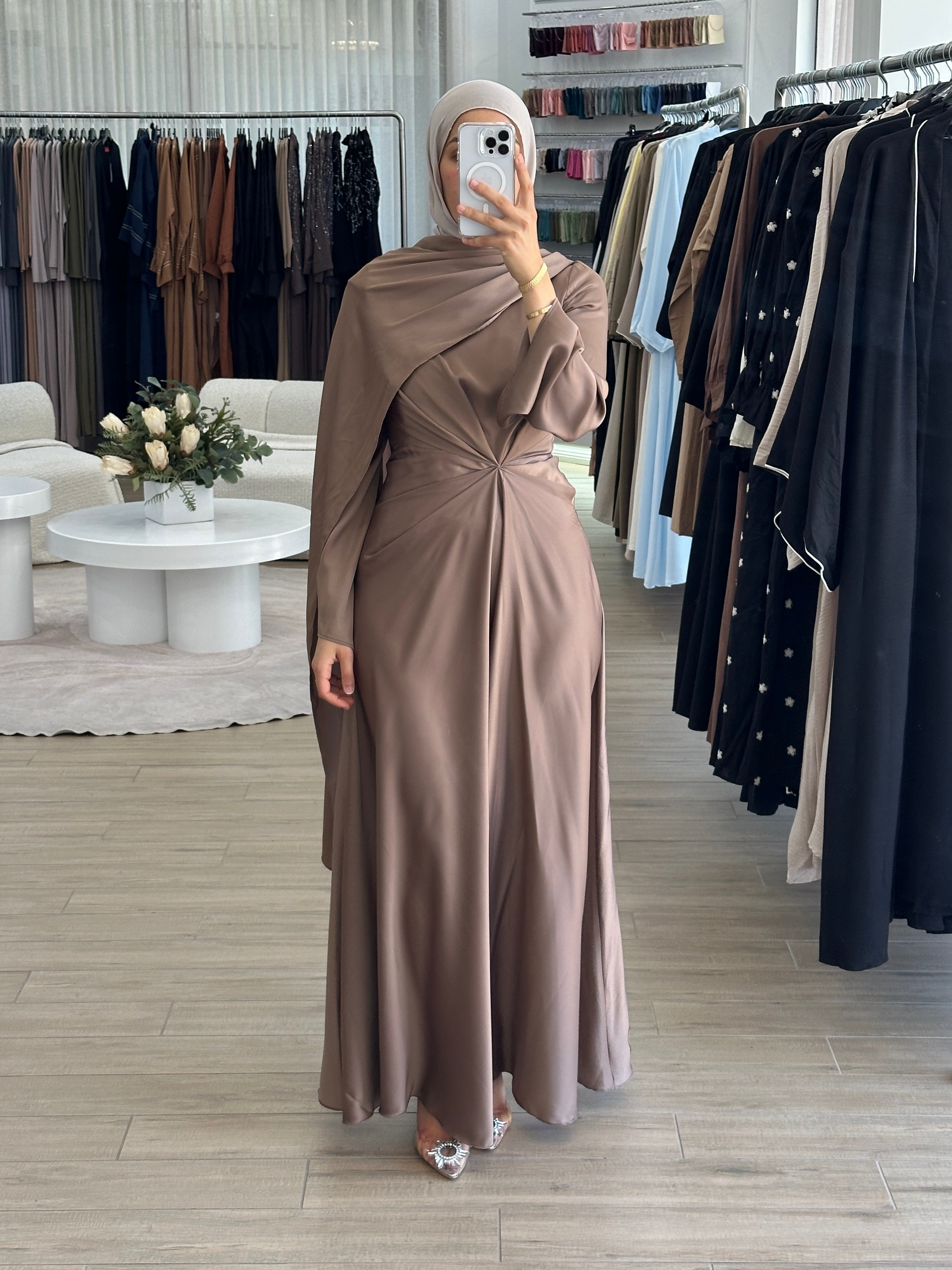 women's formal dress in satin with long sleeves and full length, maxi for modest fashion and hijabis. suitable for formals, engagement, weddings, parties and any occasion.