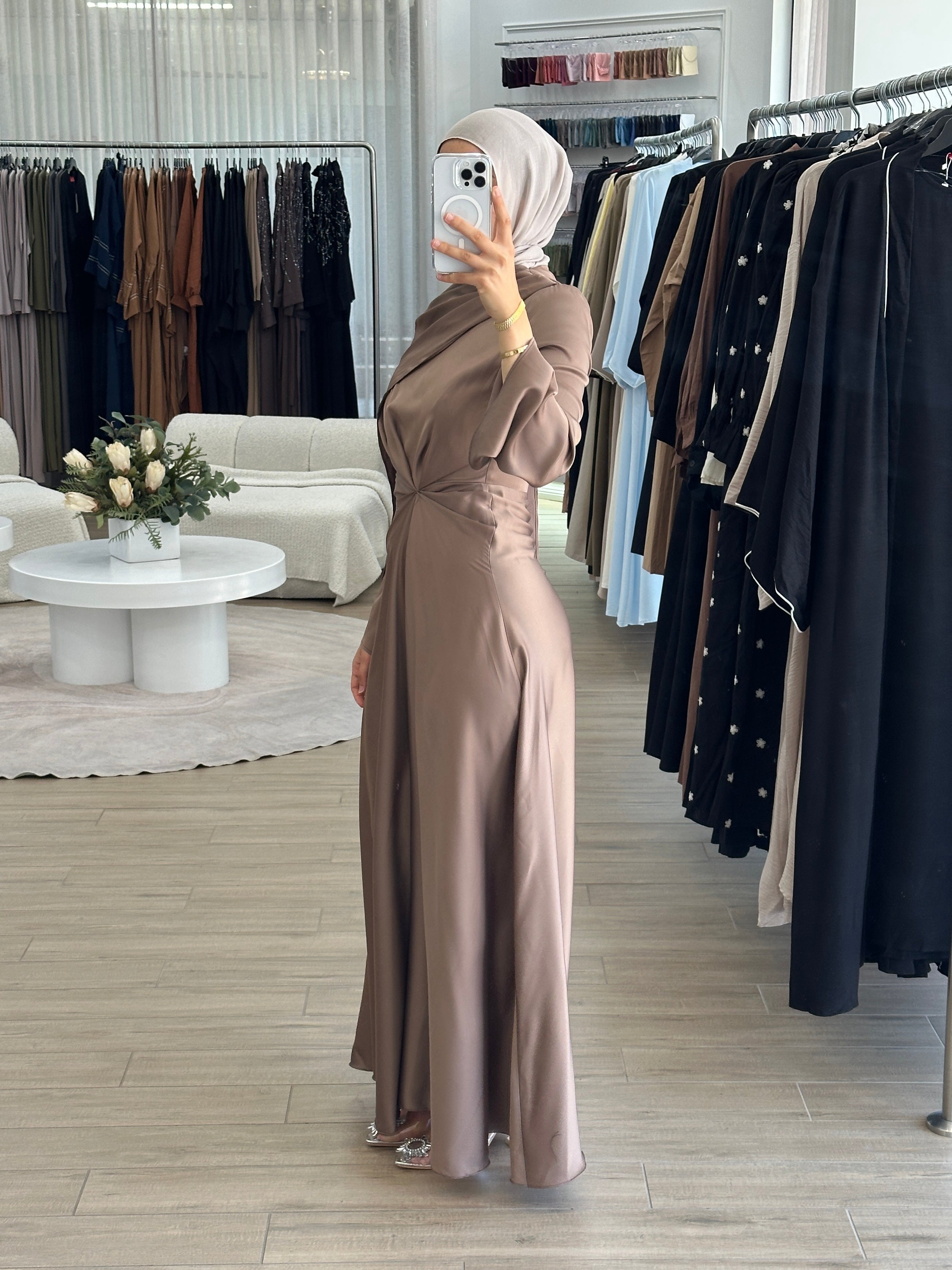women's formal dress in satin with long sleeves and full length, maxi for modest fashion and hijabis. suitable for formals, engagement, weddings, parties and any occasion.