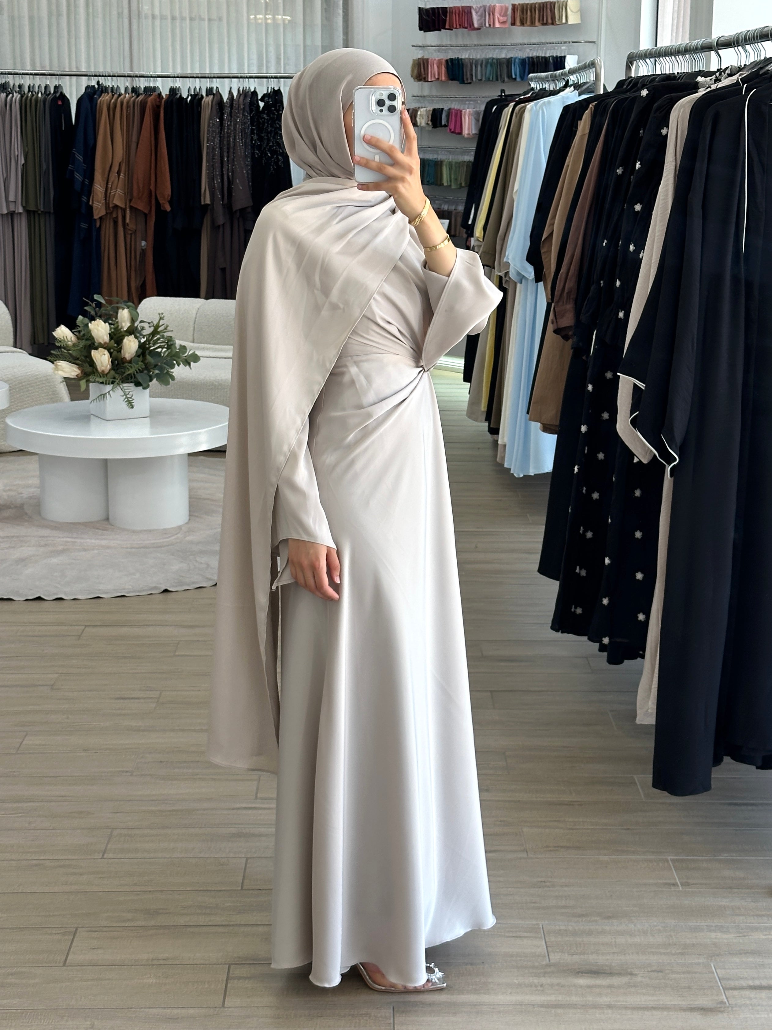 women's formal dress in satin with long sleeves and full length, maxi for modest fashion and hijabis. suitable for formals, engagement, weddings, parties and any occasion.