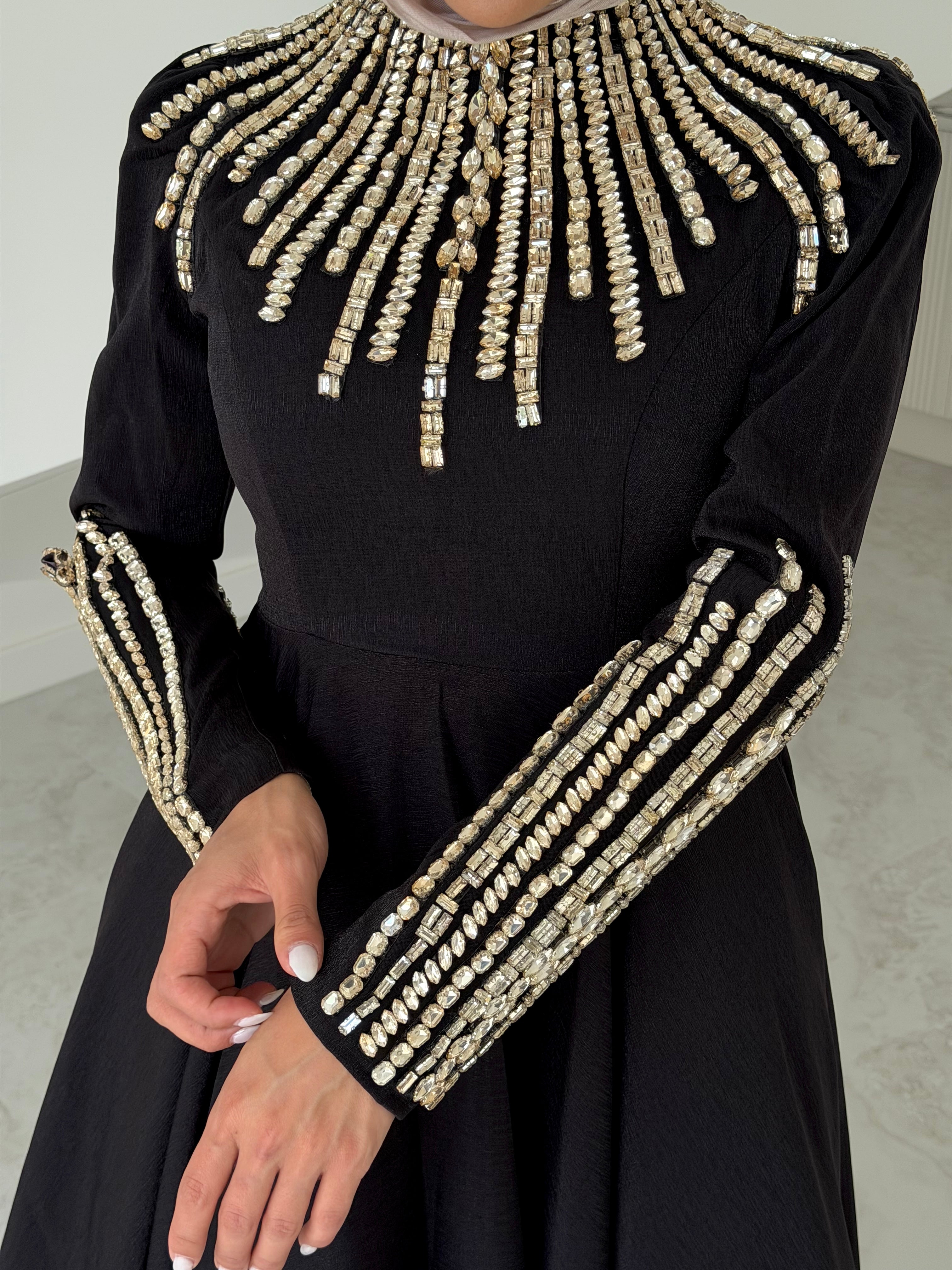 women's formal dress- maxi, full length with long sleeves and offers modest coverage with gold embellishment. Suitable to wear for occasions, engagement, wedding, formals etc.