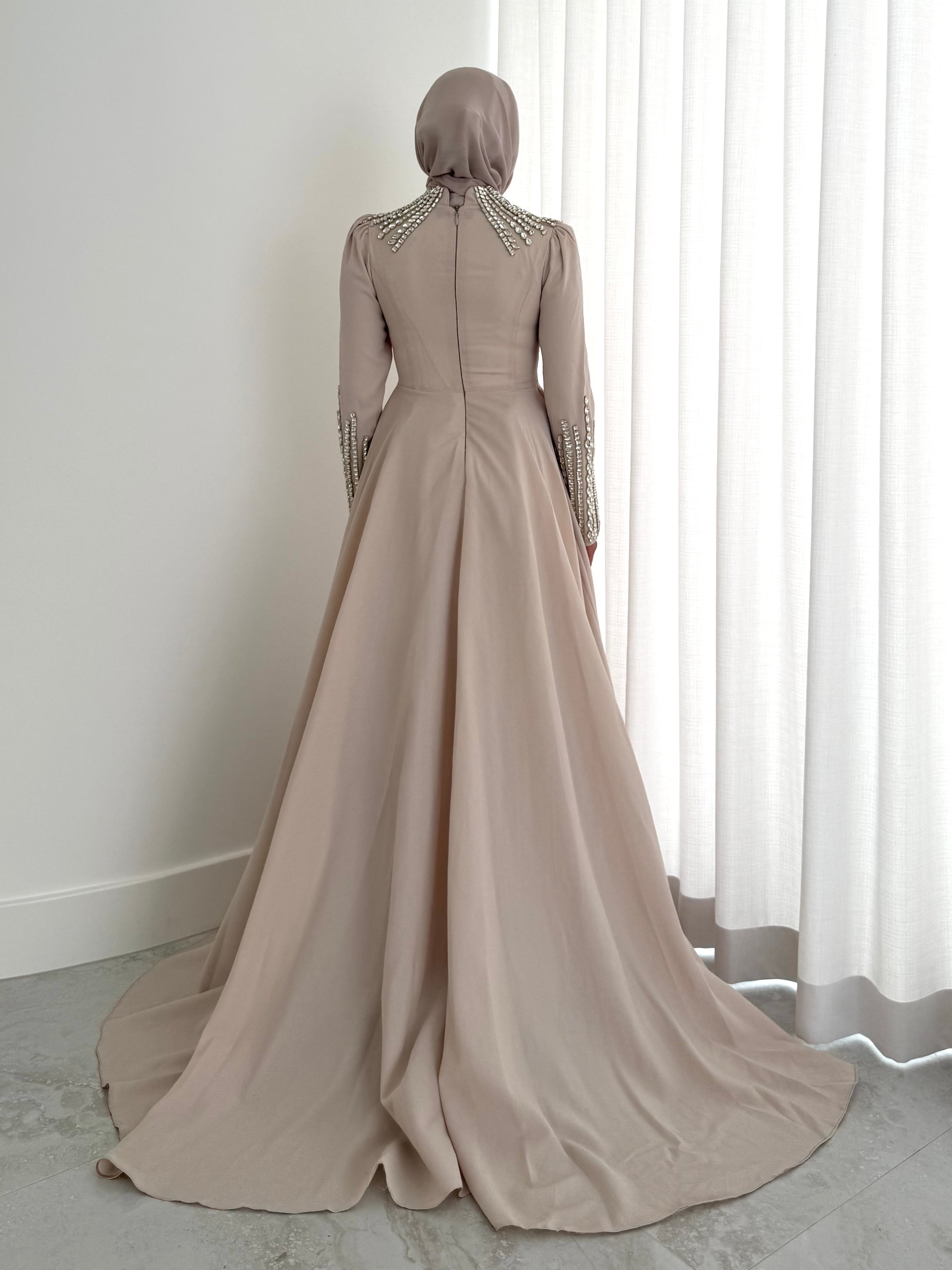 women's formal dress- maxi, full length with long sleeves and offers modest coverage with gold embellishment. Suitable to wear for occasions, engagement, wedding, formals etc.