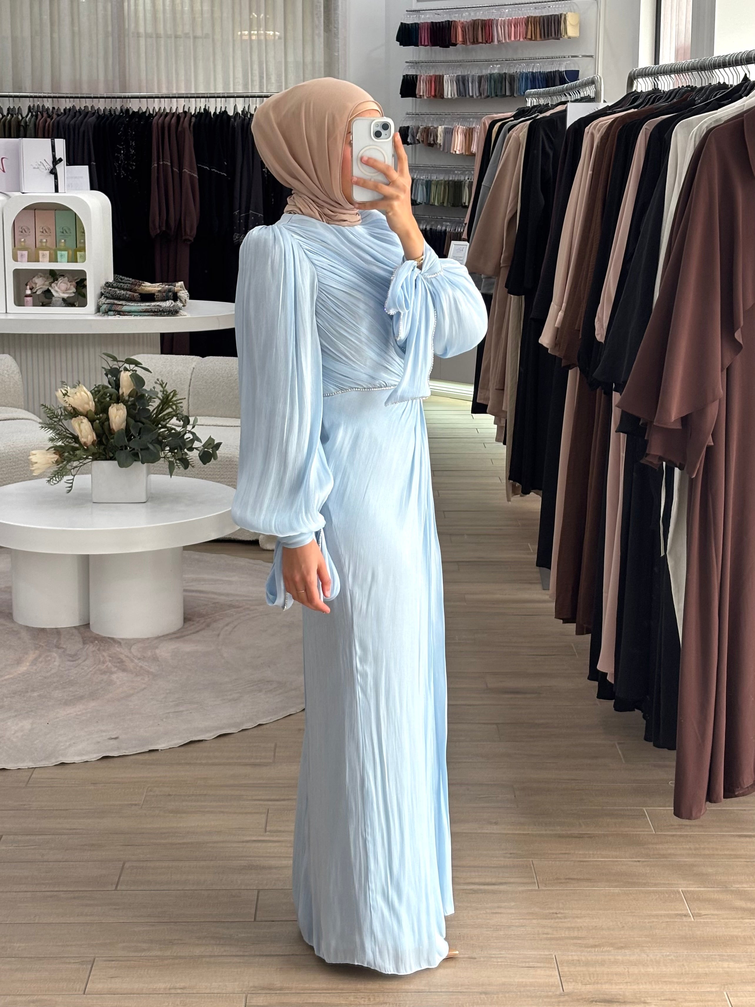 DIAMANTÉ RUCHED FORMAL DRESS- BABY BLUE