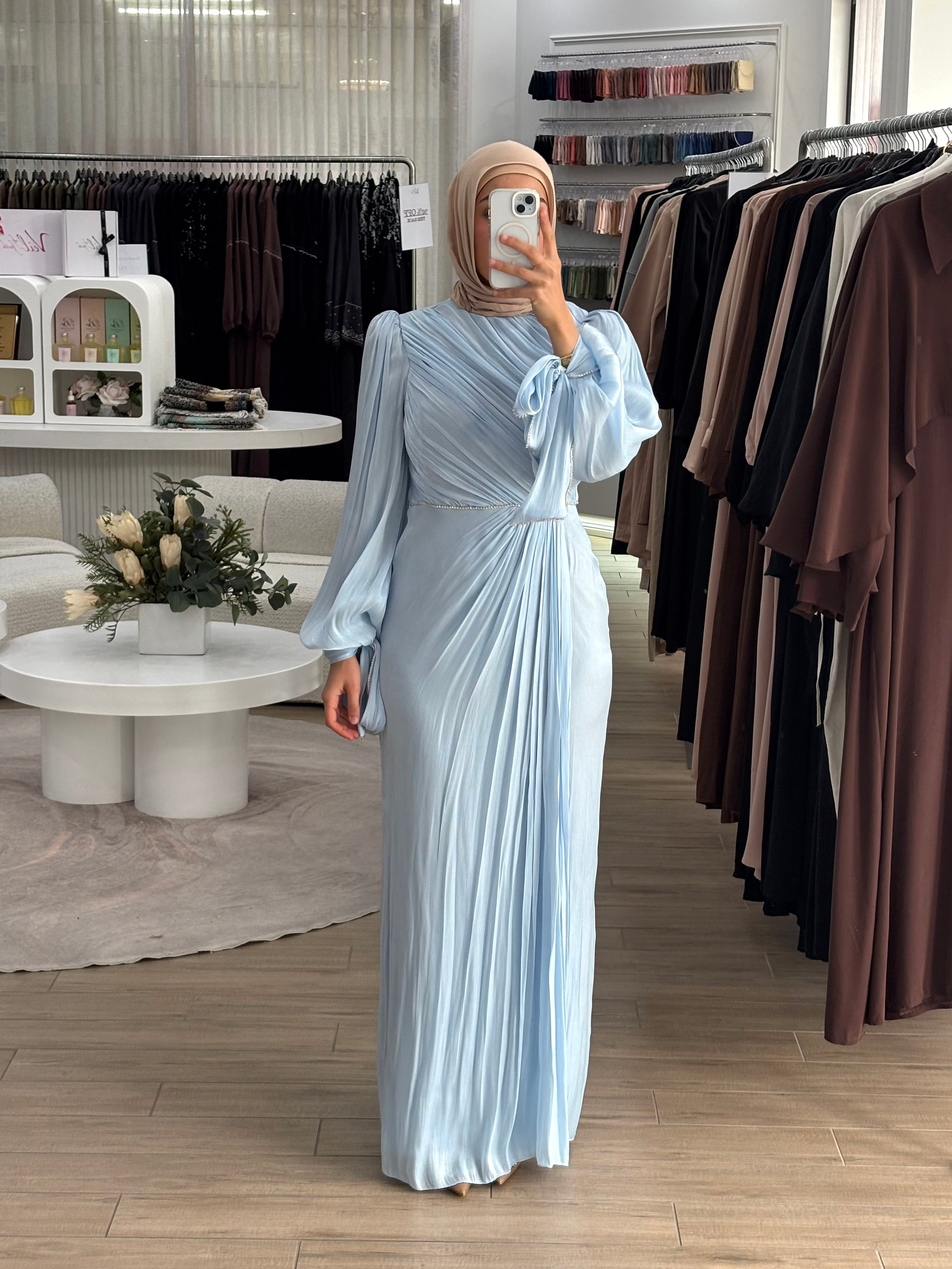 DIAMANTÉ RUCHED FORMAL DRESS- BABY BLUE