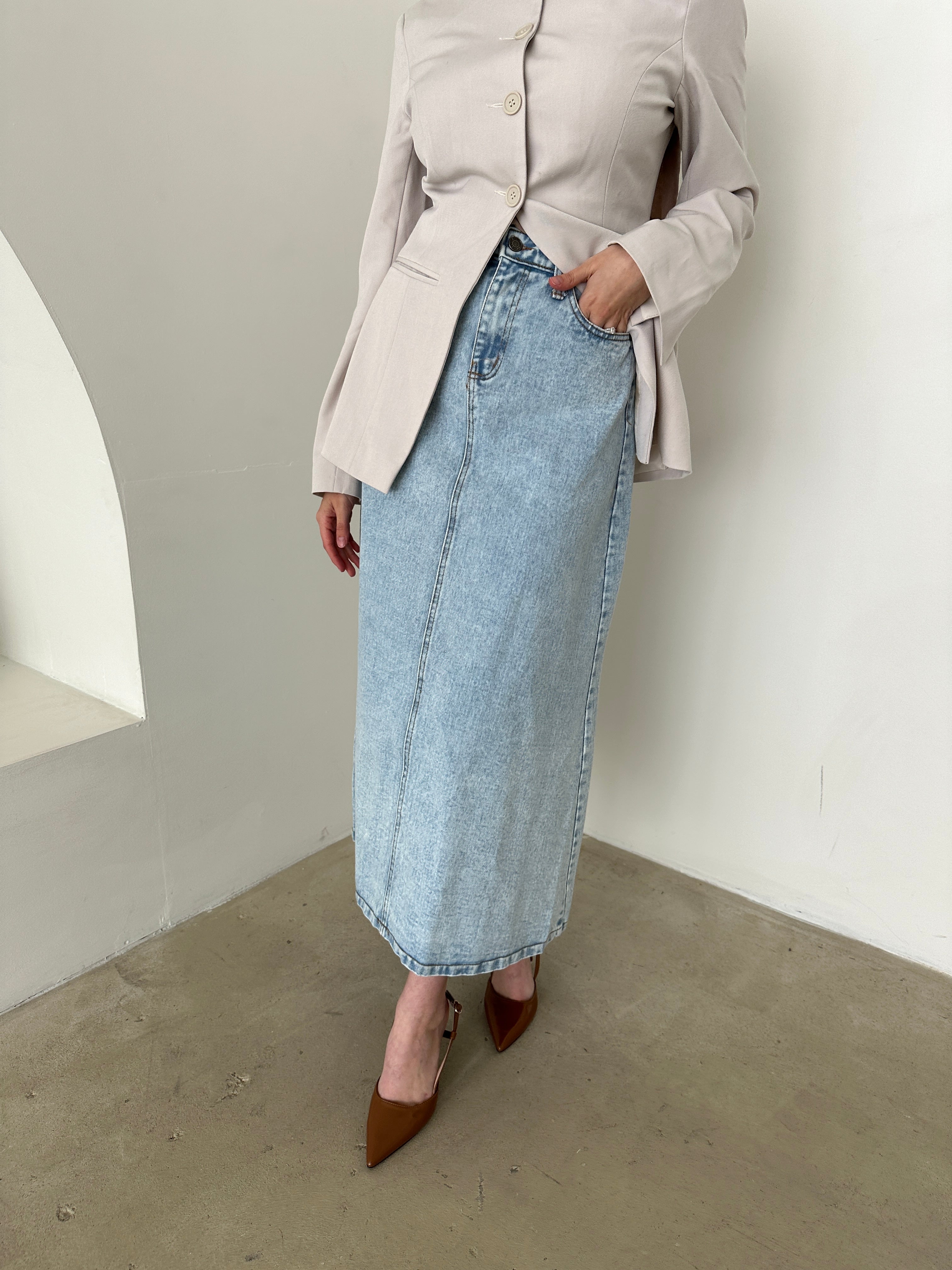 Lightweight cotton denim skirt zip button front closure modest hem