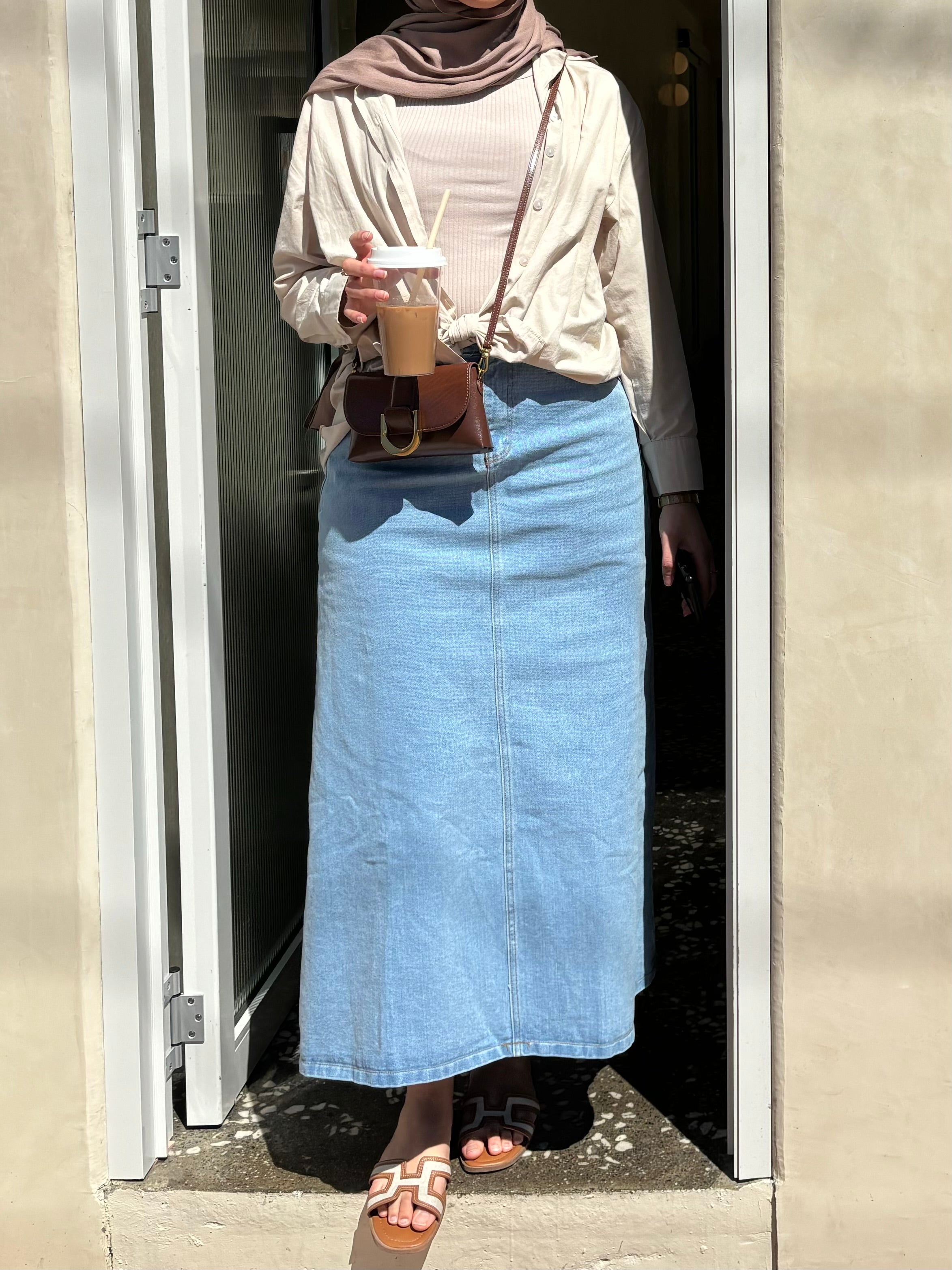 Lightweight cotton denim skirt zip button front closure modest hem