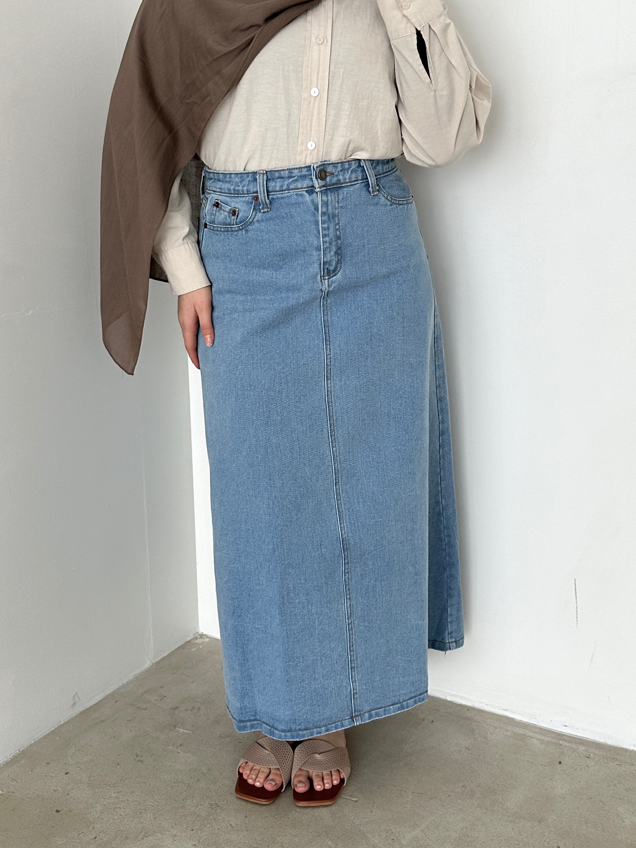 Lightweight cotton denim skirt zip button front closure modest hem