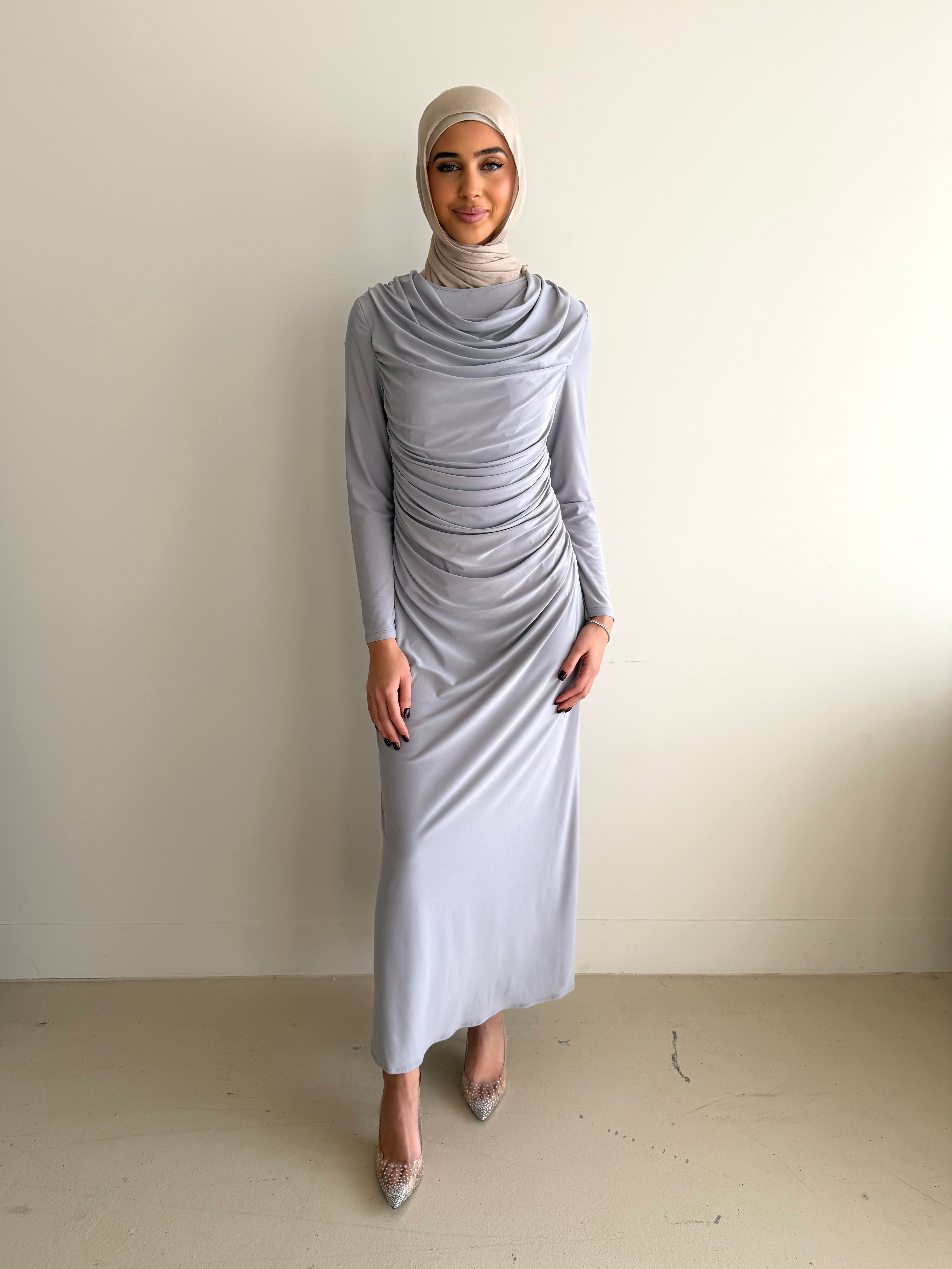ZARIA RUCHED DRESS SET- LIGHT GREY