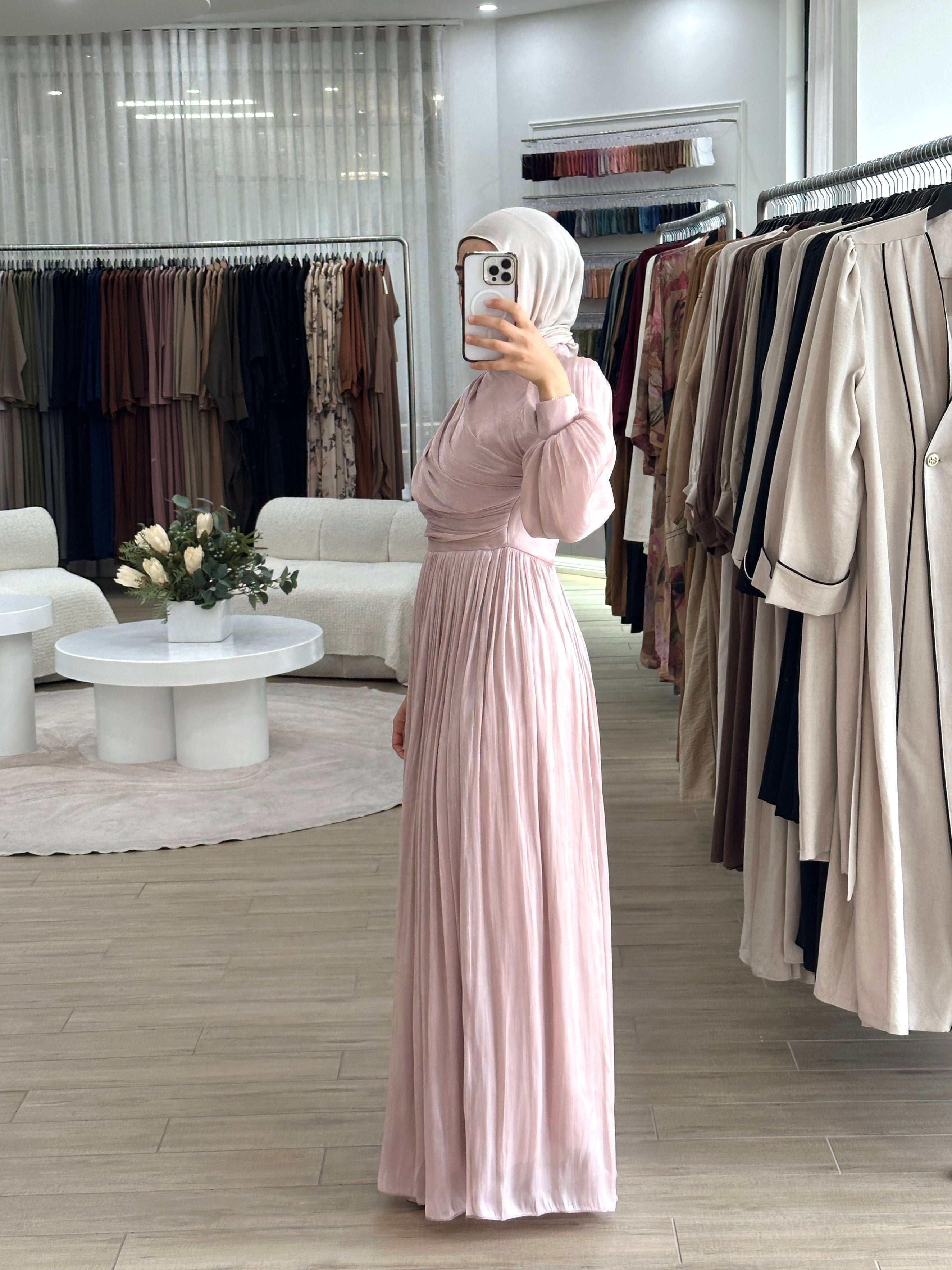 METALLIC RUCHE DRESS- BABY PINK