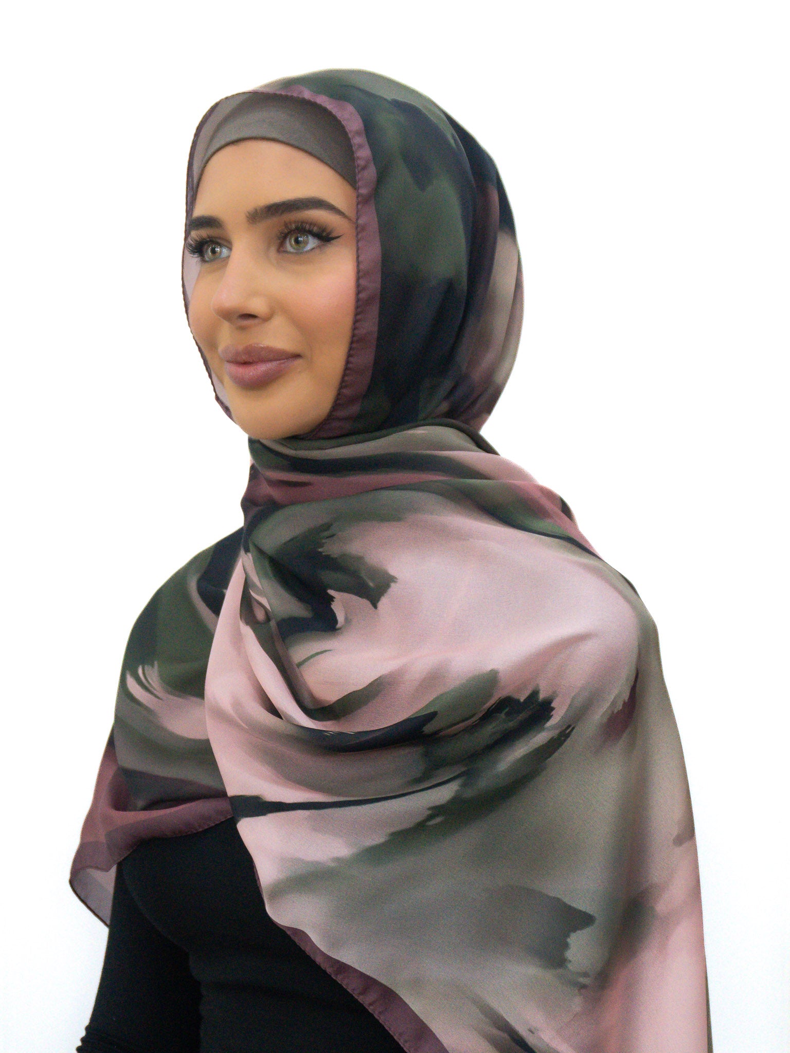 Silk Look printed hijab in lightweight satin-finish polyester with abstract border design, 68cm x 190cm.