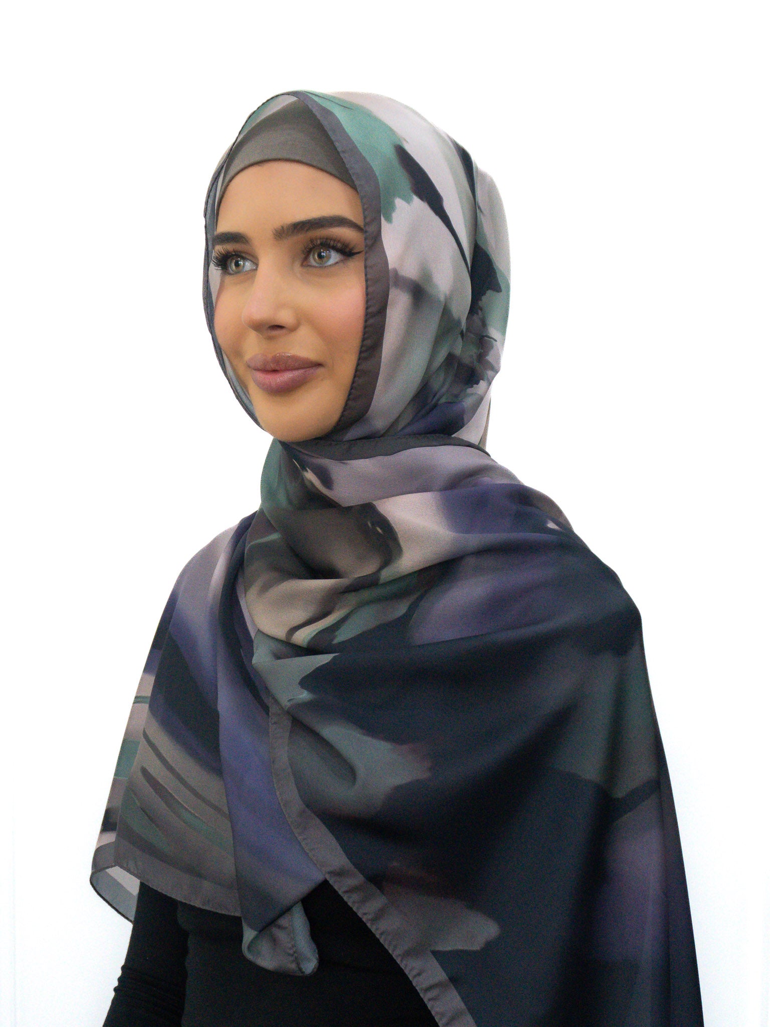 Silk Look printed hijab in lightweight satin-finish polyester with abstract border design, 68cm x 190cm.