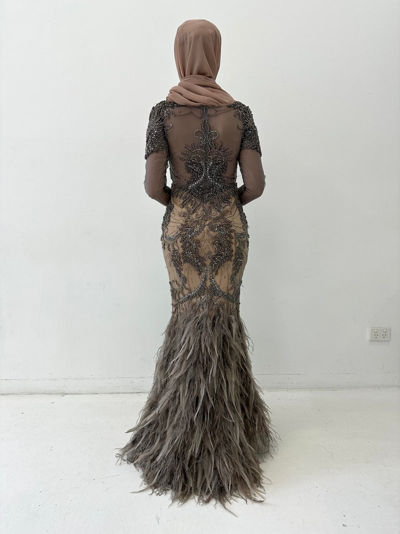 TERANI FEATHER HIRE GOWN