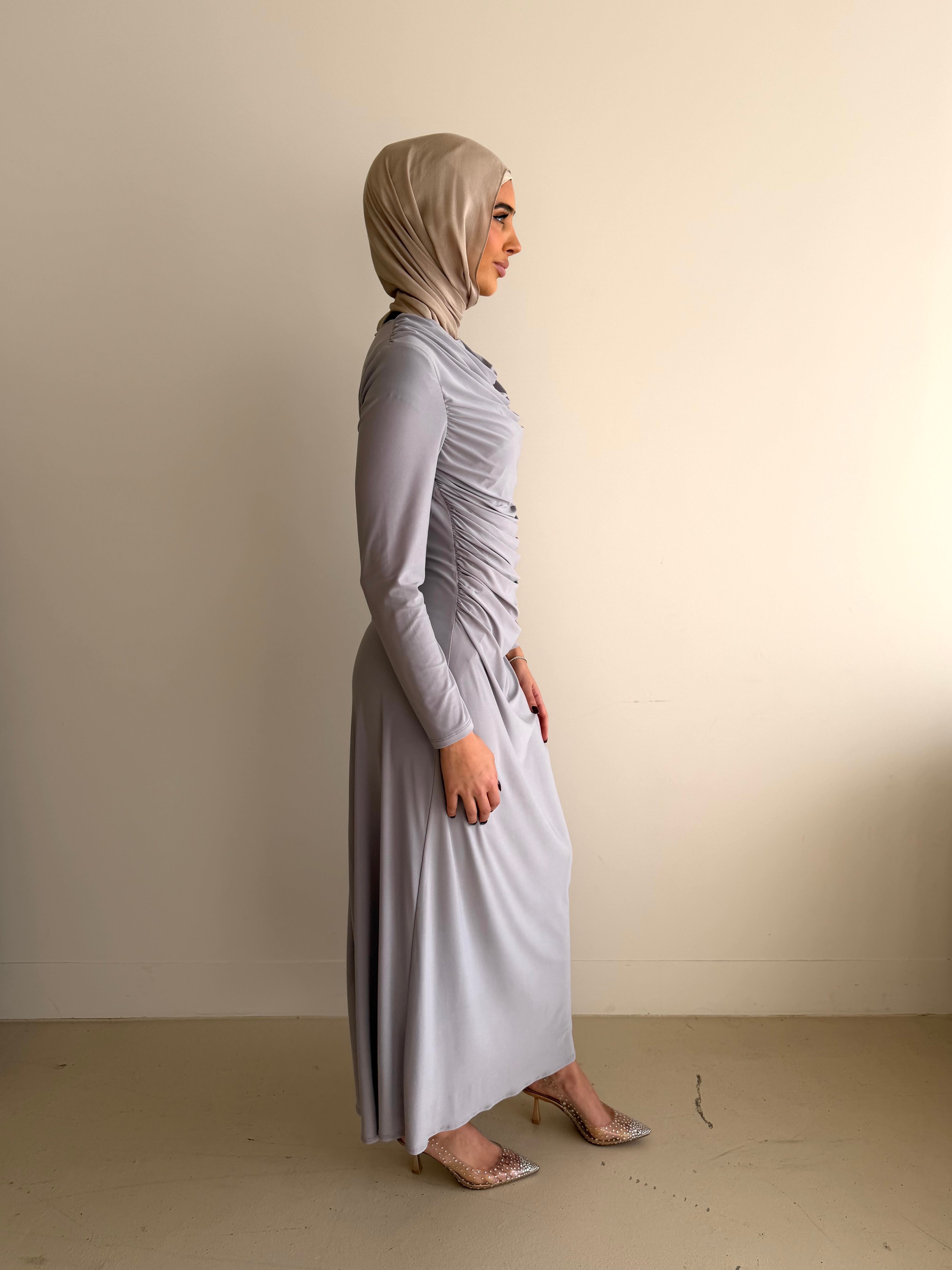 ZARIA RUCHED DRESS SET- LIGHT GREY