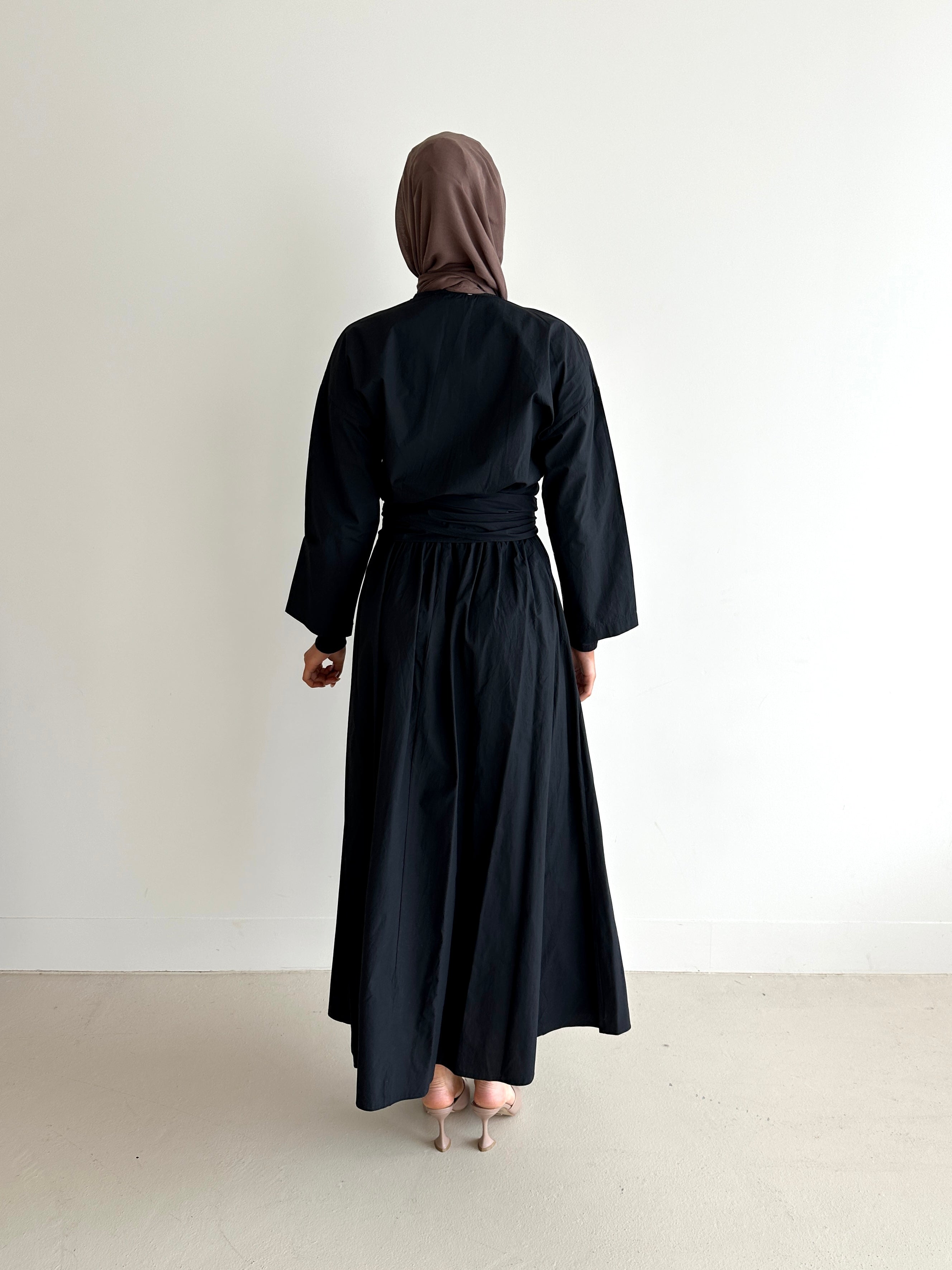 women's co-ord modest set, spring/summer, lightweight wrap long-sleeve top and maxi full length skirt in camel and black