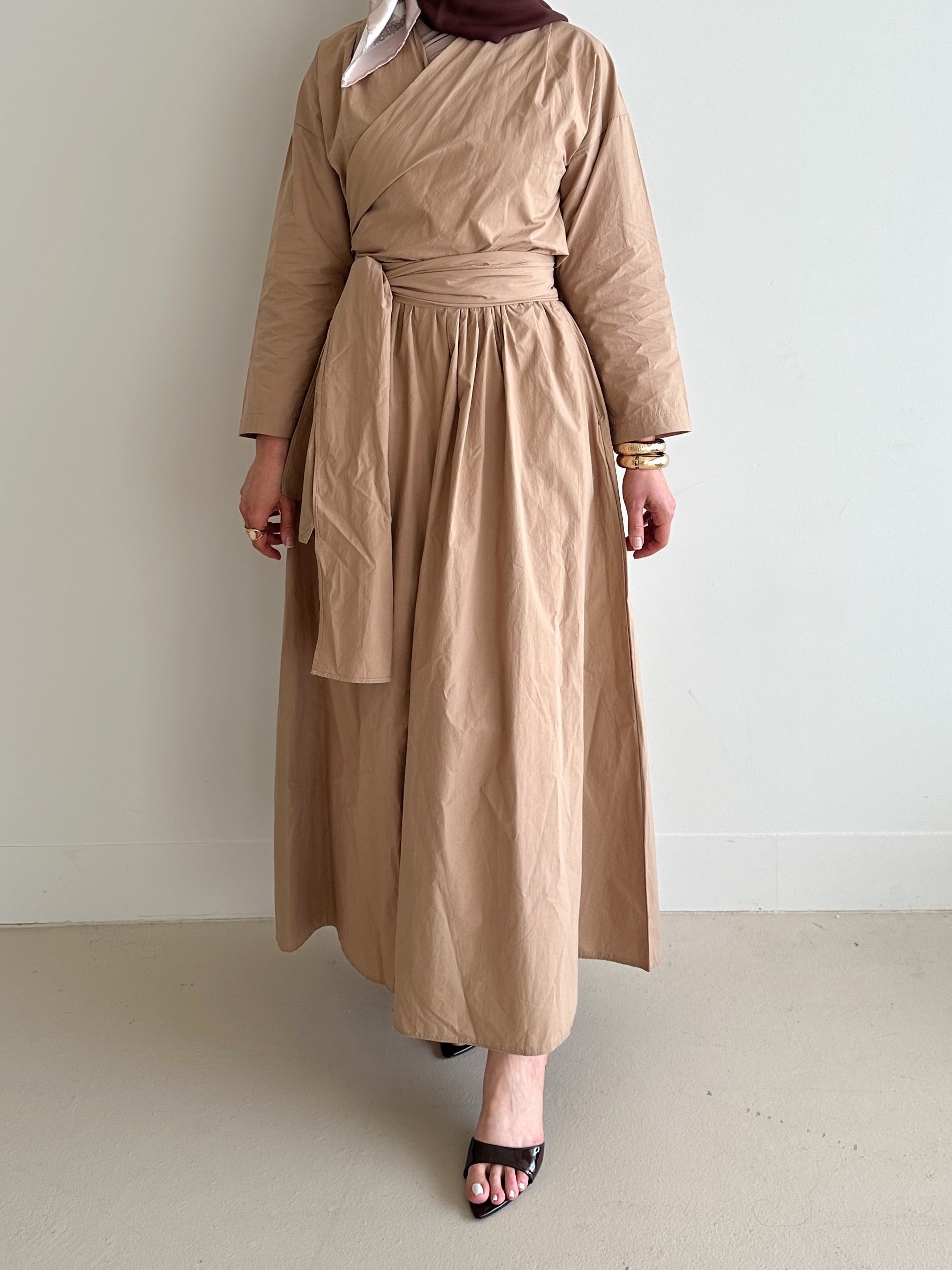 women's co-ord modest set, spring/summer, lightweight wrap long-sleeve top and maxi full length skirt in camel and black