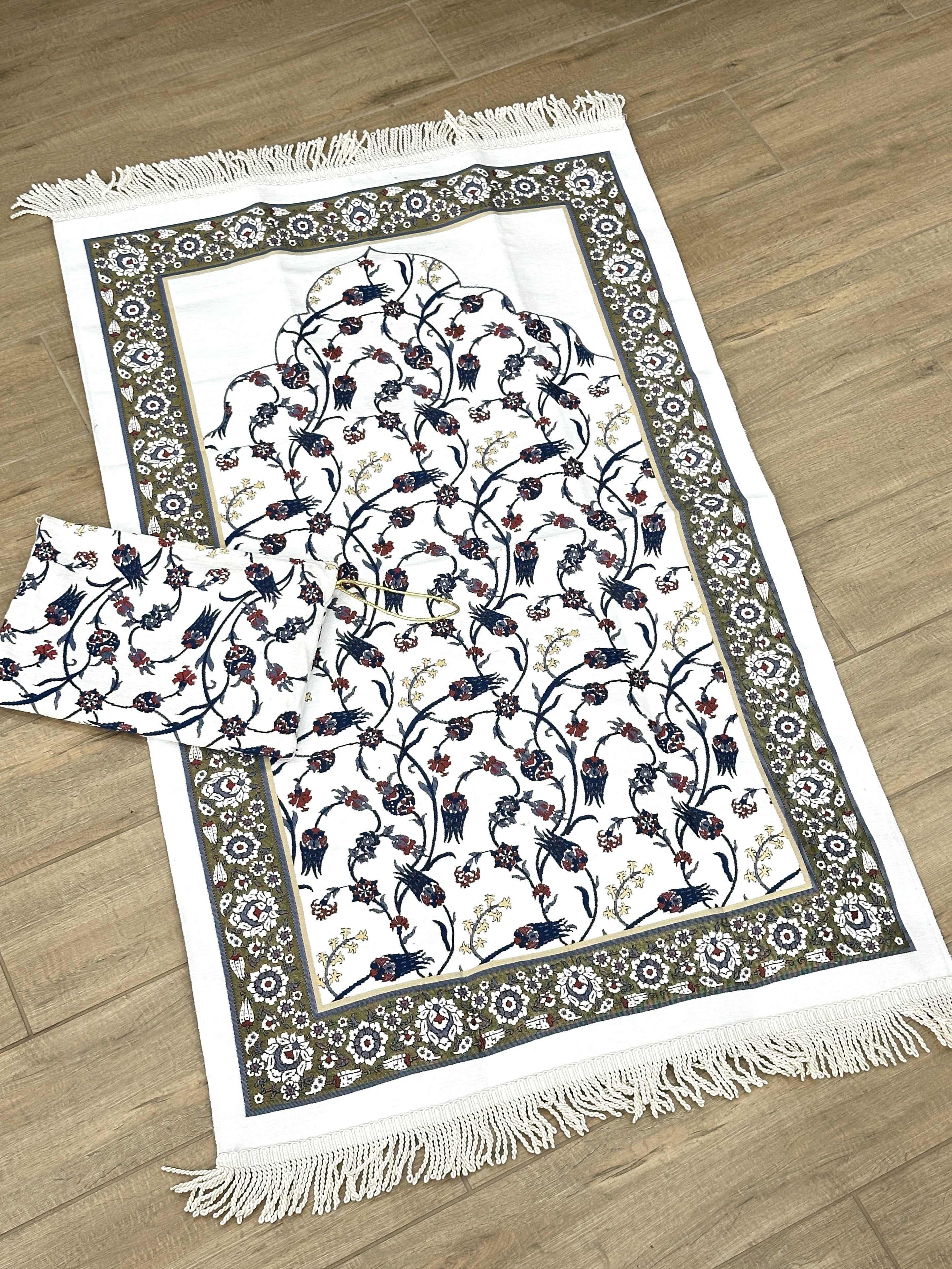 Embroidered Travel Prayer Mat with delicate embroidery, lightweight and portable for use on the go. Ideal for handbags, cars, work totes, or travel, providing a practical and elegant solution for performing salah anywhere.