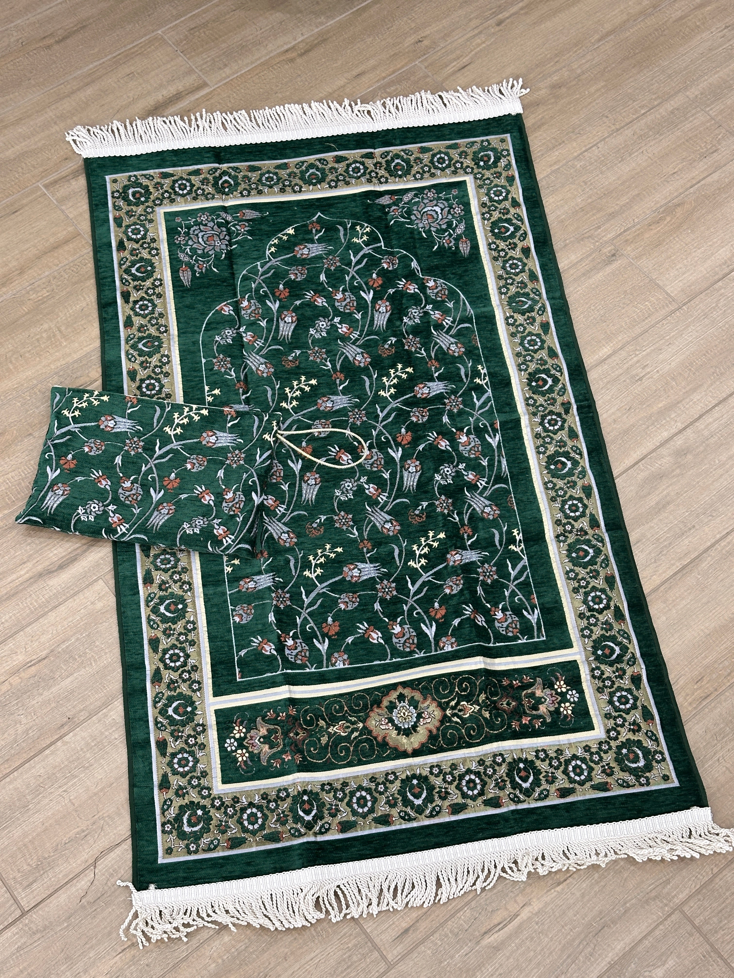 Embroidered Travel Prayer Mat with delicate embroidery, lightweight and portable for use on the go. Ideal for handbags, cars, work totes, or travel, providing a practical and elegant solution for performing salah anywhere.