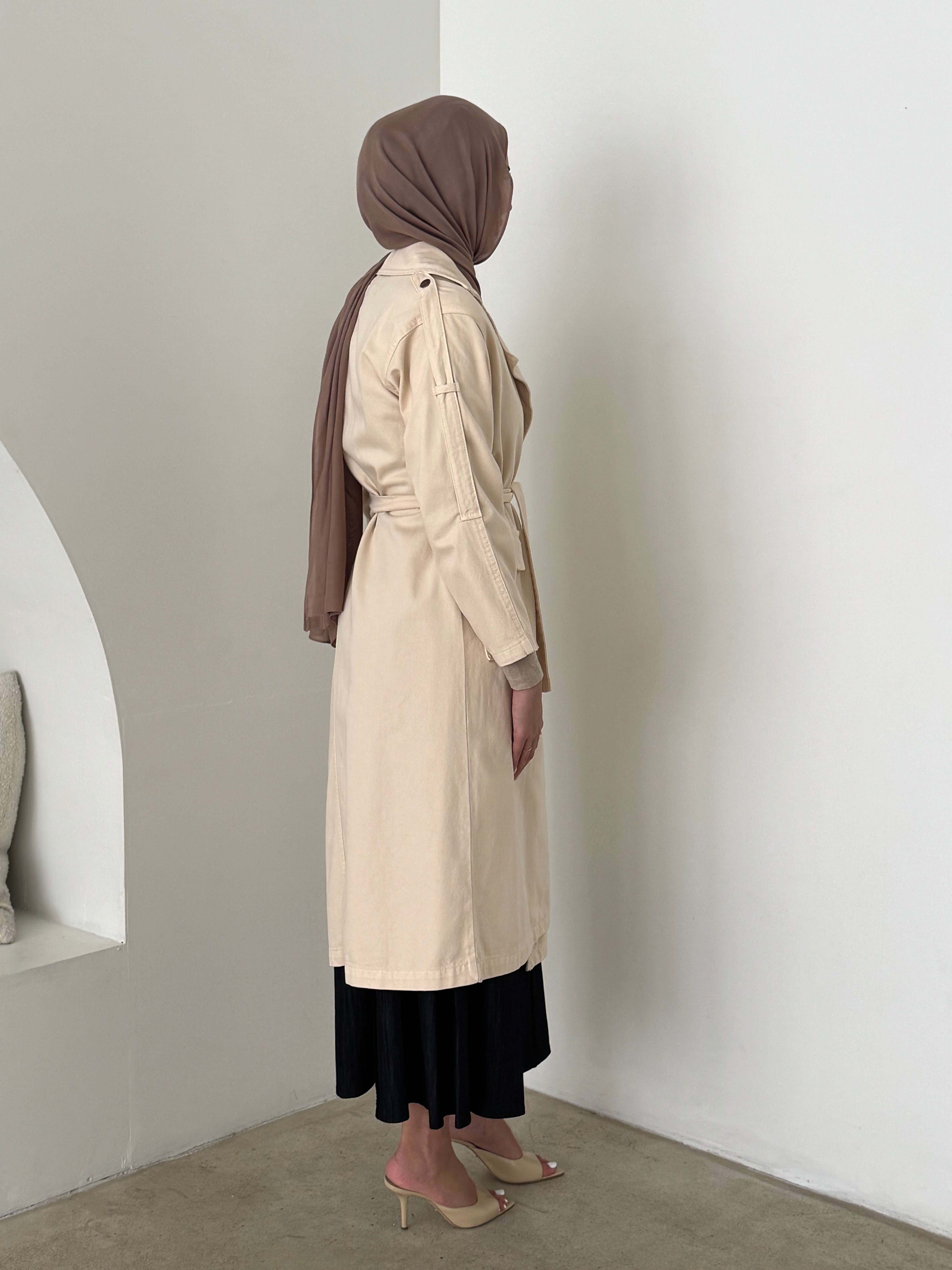Lightweight trench coat with detachable waist tie long sleeves modest outerwear