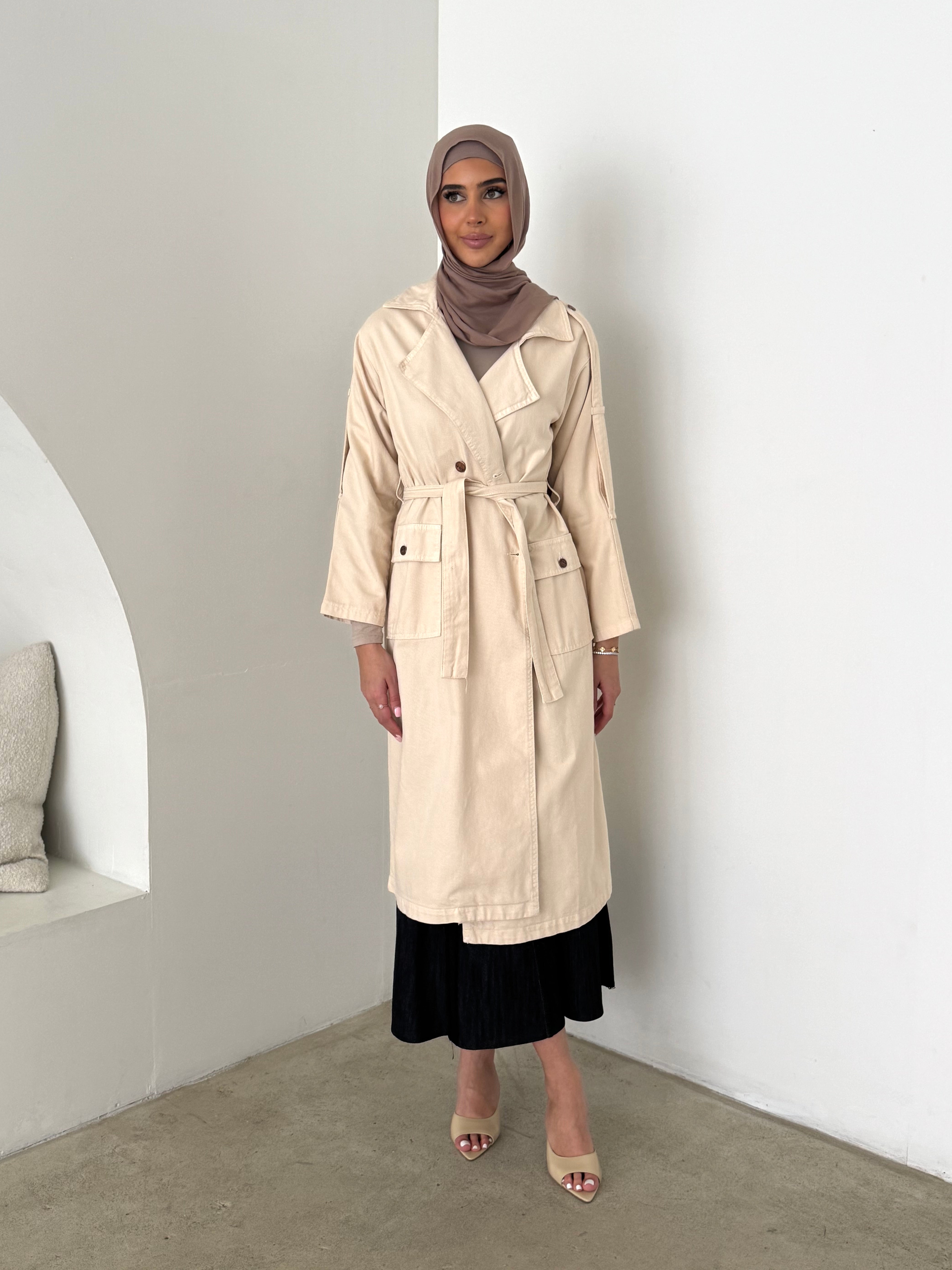 Lightweight trench coat with detachable waist tie long sleeves modest outerwear