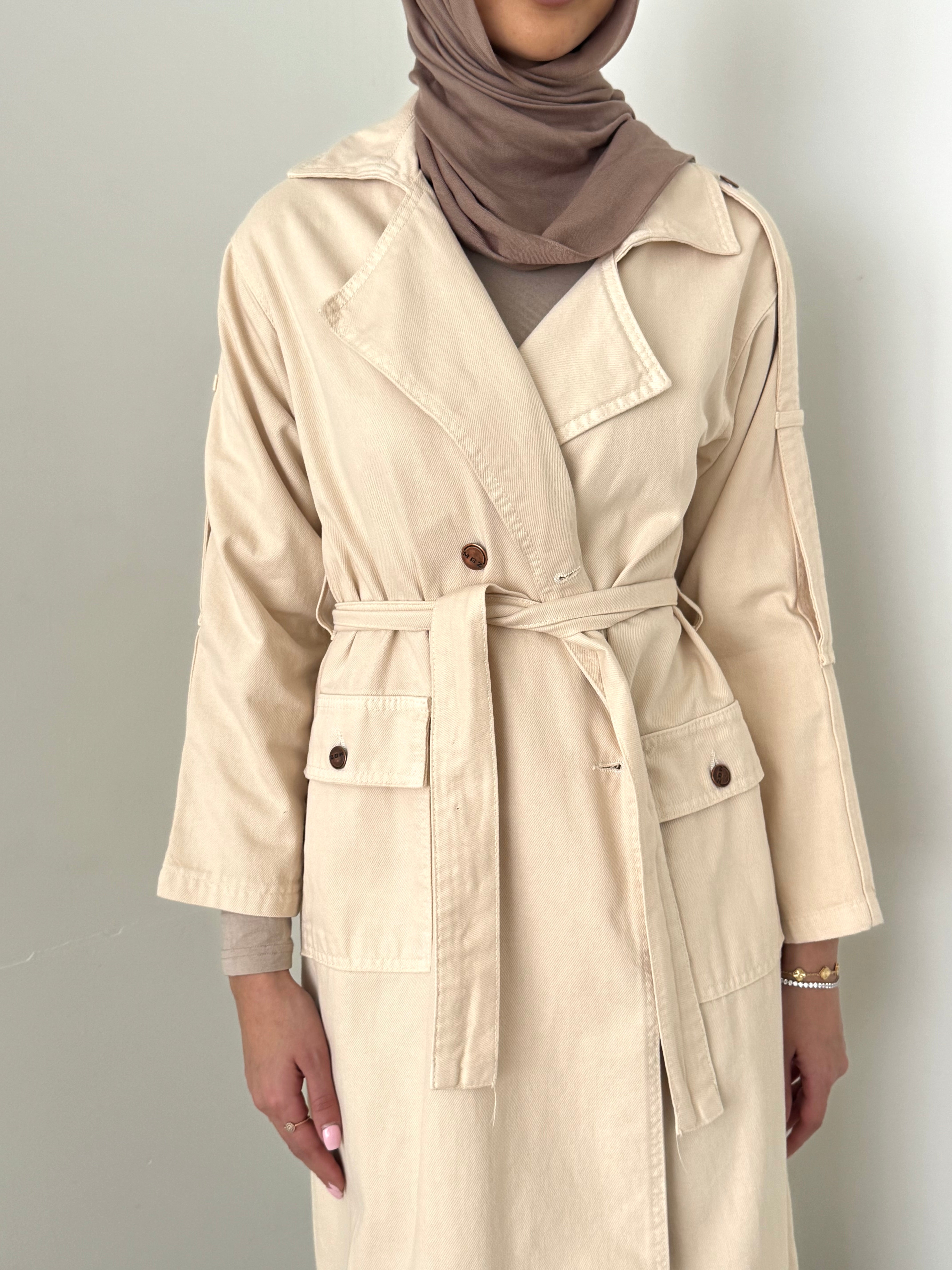 Lightweight trench coat with detachable waist tie long sleeves modest outerwear