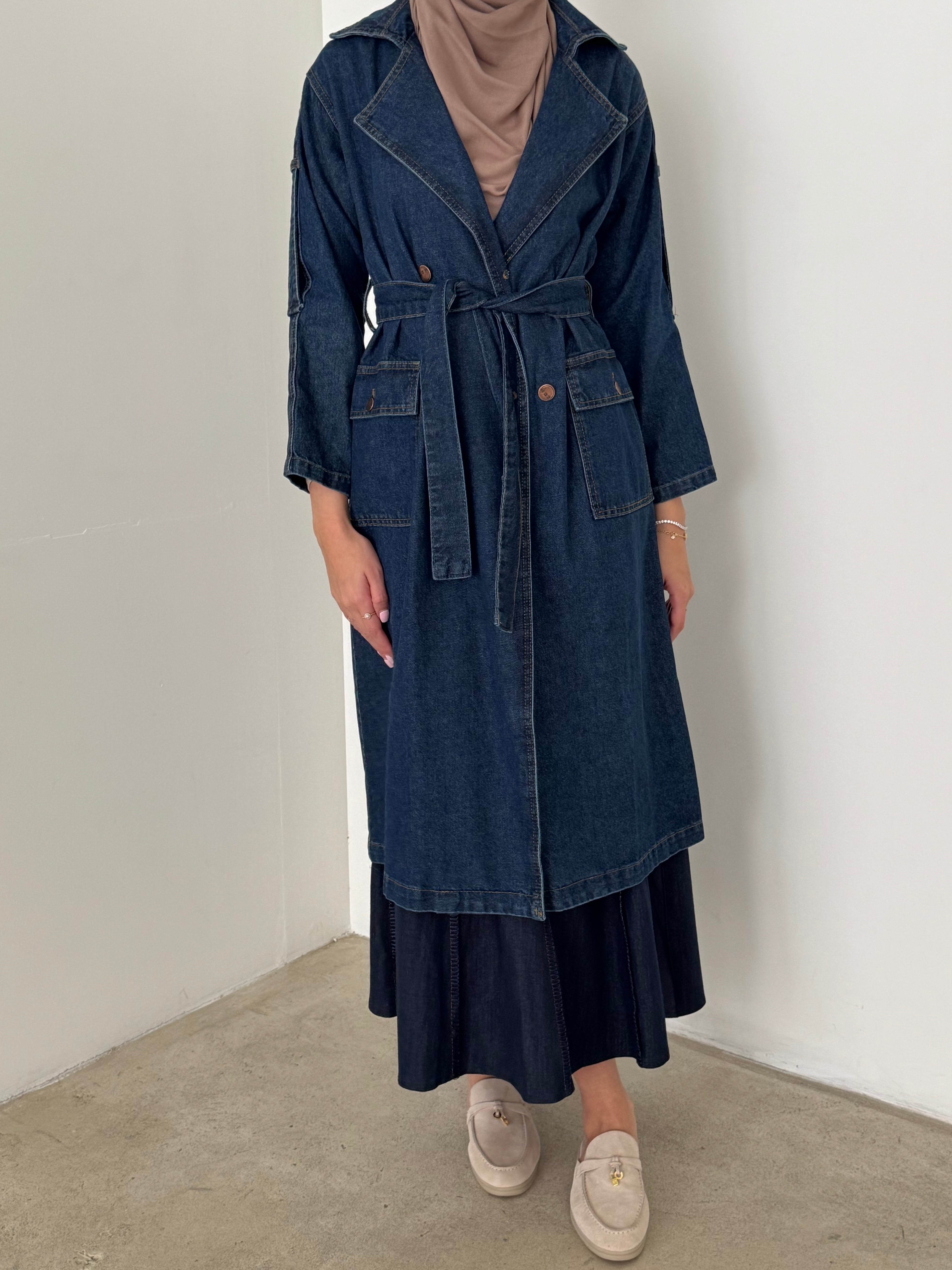 Lightweight trench coat with detachable waist tie long sleeves modest outerwear